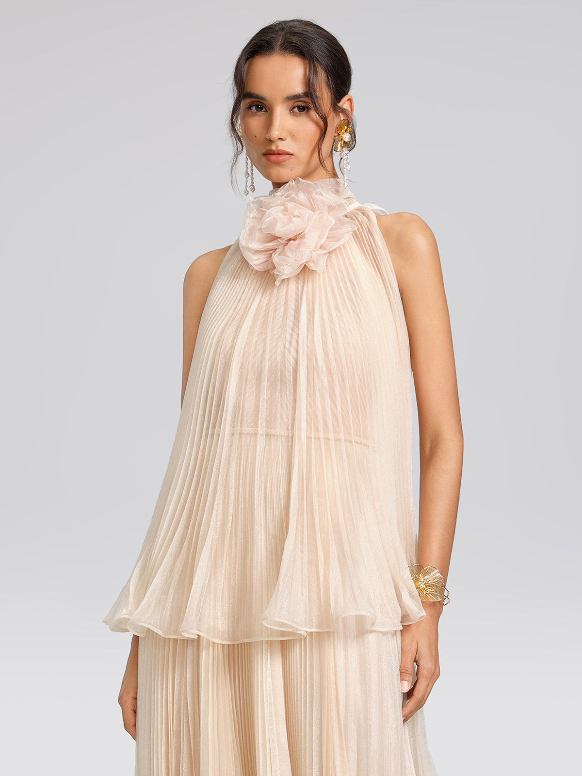 Hand-Braided Off-Shoulder Cutout Pleated Dress (Detachable Floral Included)