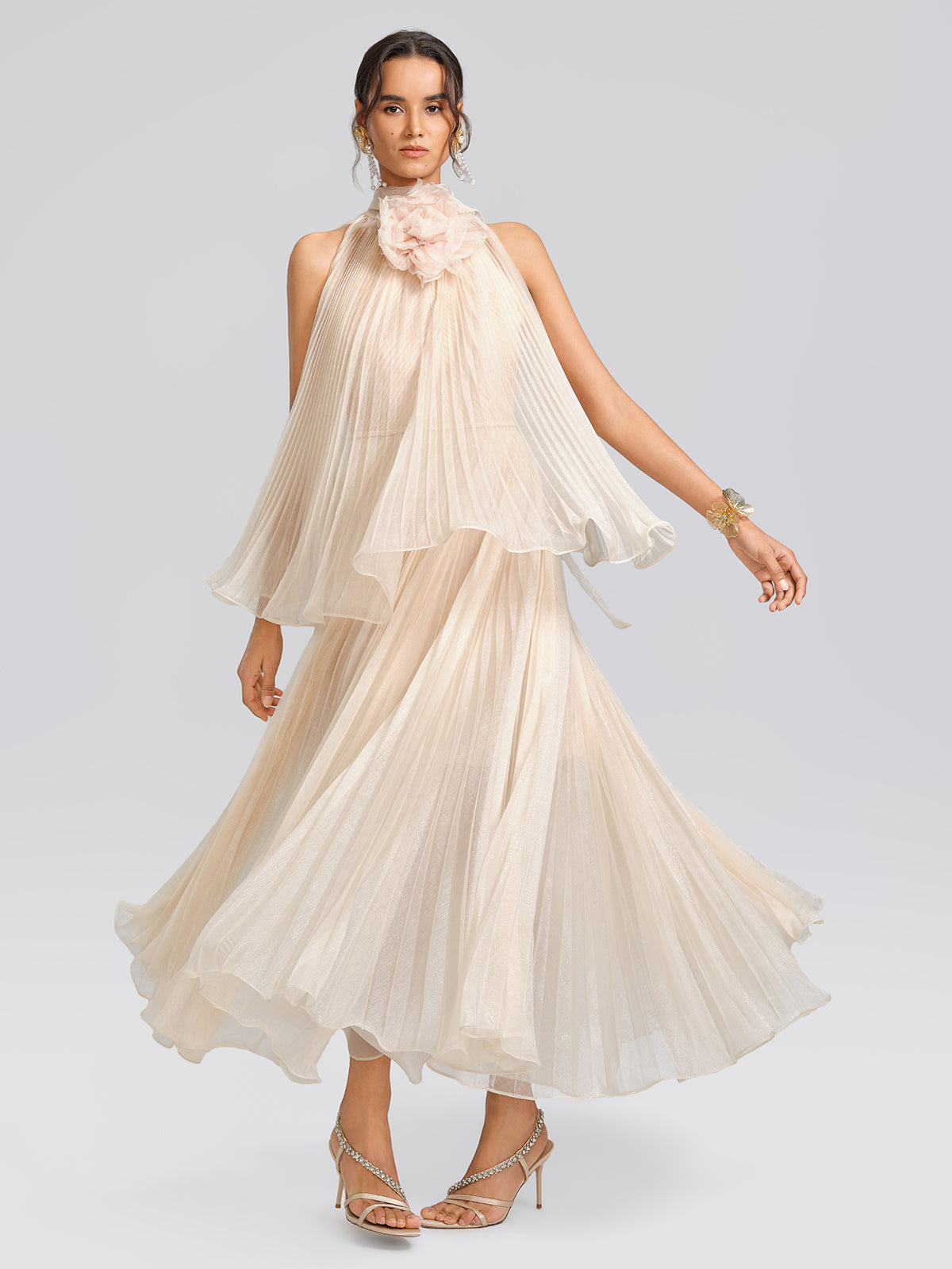 Hand-Braided Off-Shoulder Cutout Pleated Dress (Detachable Floral Included)