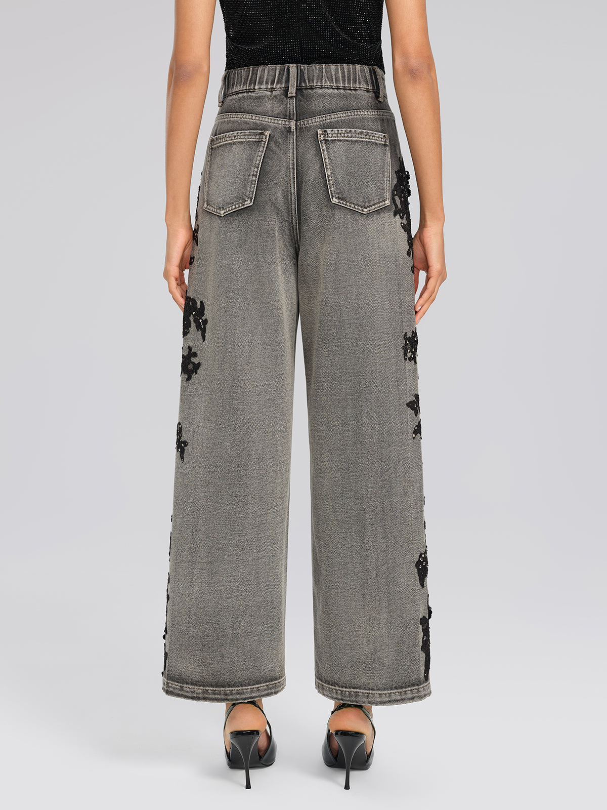 Lace Rhinestone Floral Washed Pants