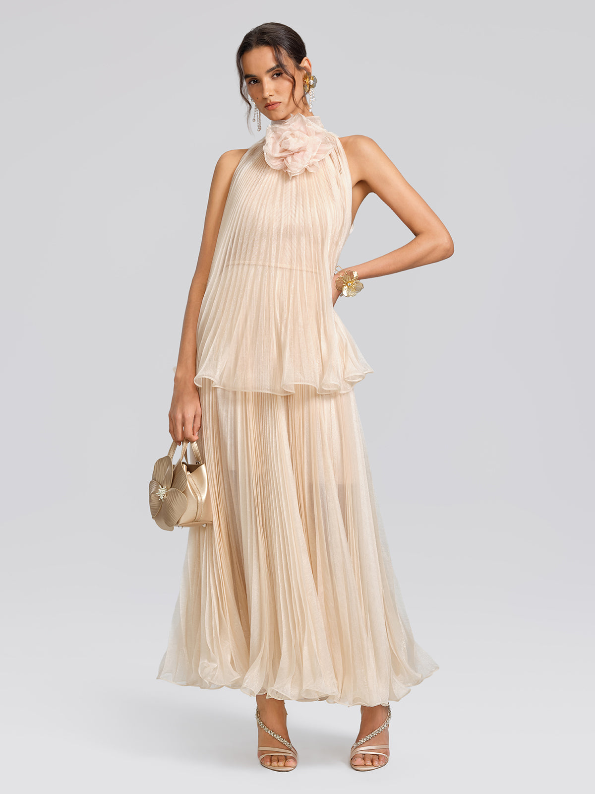 Hand-Braided Off-Shoulder Cutout Pleated Dress (Detachable Floral Included)