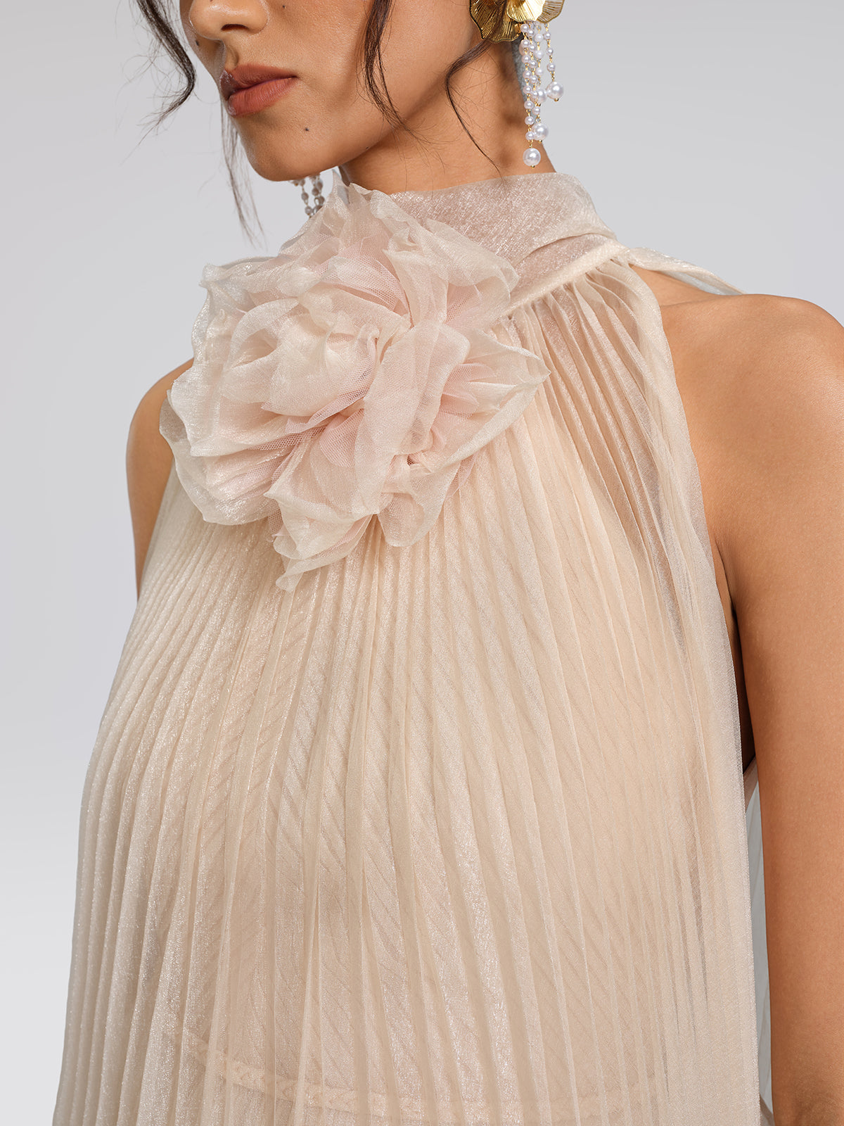 Hand-Braided Off-Shoulder Cutout Pleated Dress (Detachable Floral Included)
