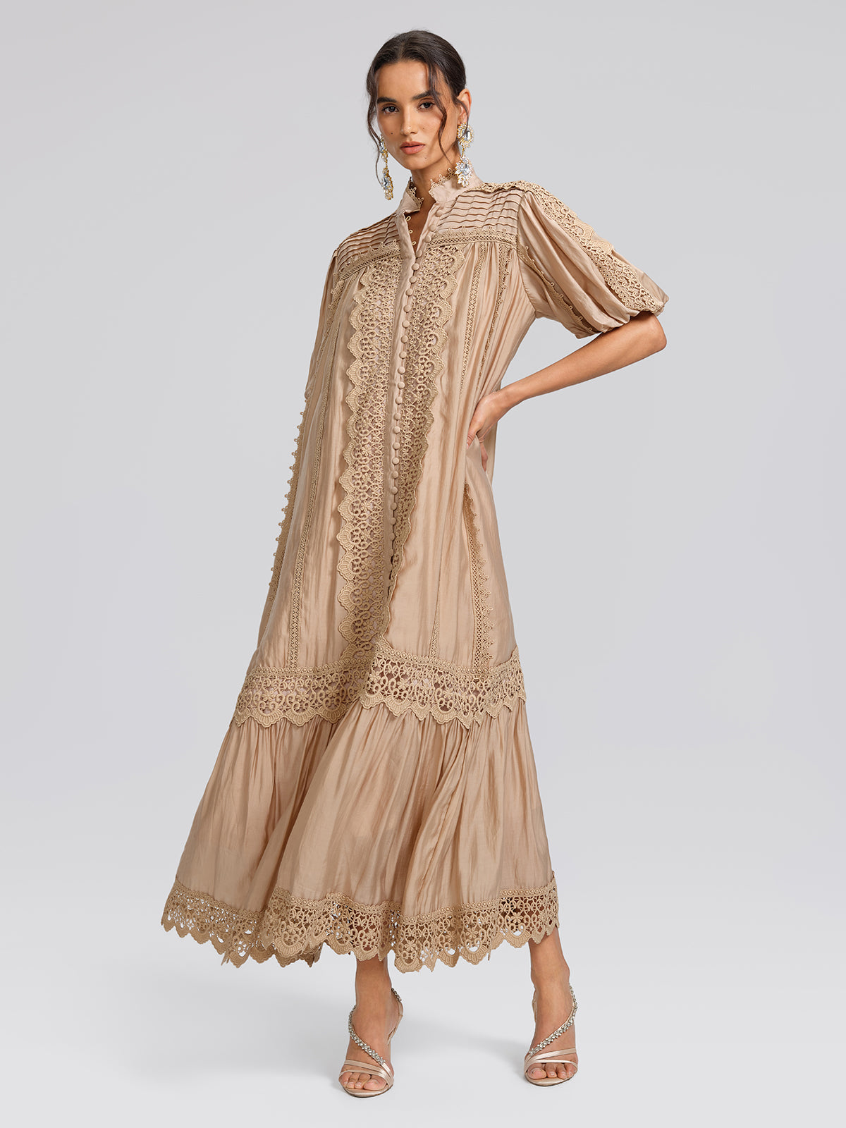Embroidered Lace Panel Mock Neck Maxi Dress (Waist Tie Included)