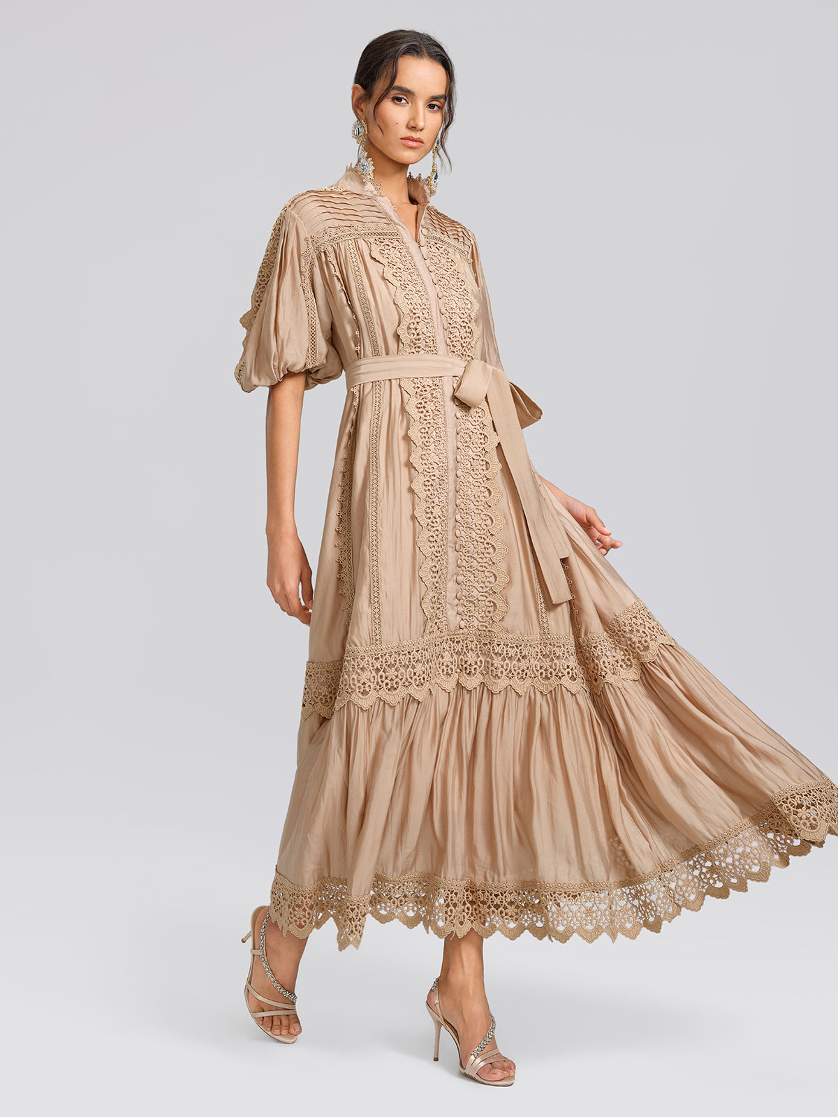 Embroidered Lace Panel Mock Neck Maxi Dress (Waist Tie Included)