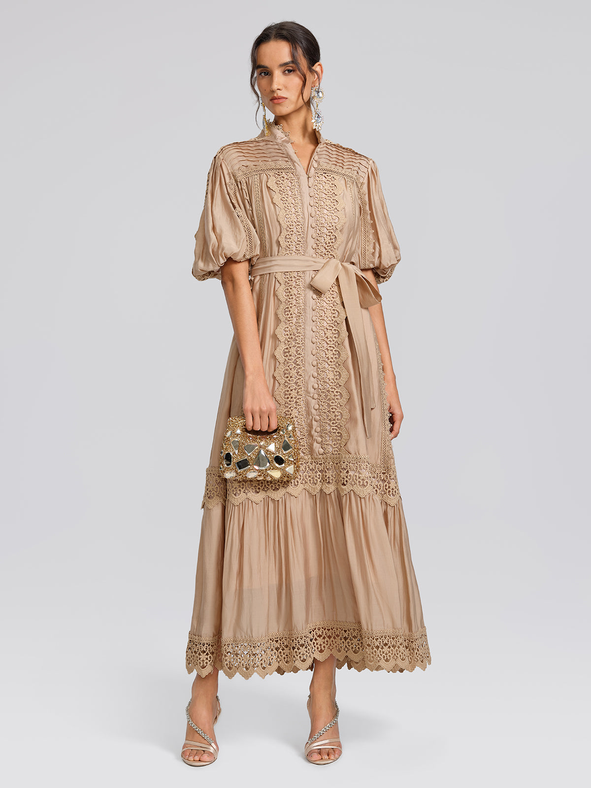 lace panel dress Women’s Embroidered Mock Neck Maxi Dress, KHAKI / M Variant:White size 10 8341 Lace & Beads Plus and a deep V