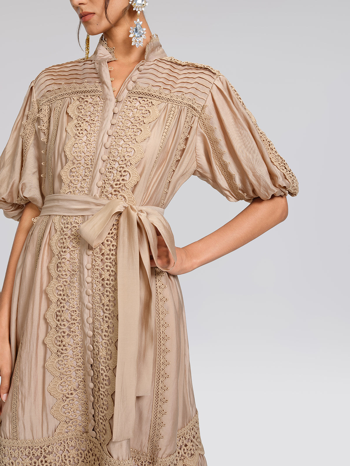 Embroidered Lace Panel Mock Neck Maxi Dress (Waist Tie Included)