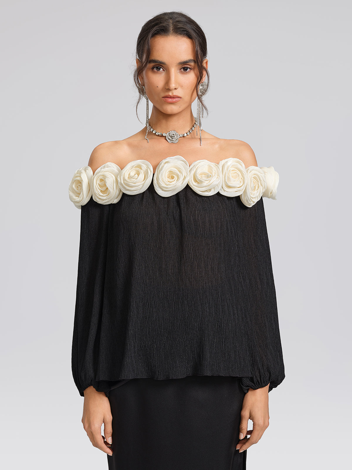 Pleated Off-Shoulder Floral Blouse