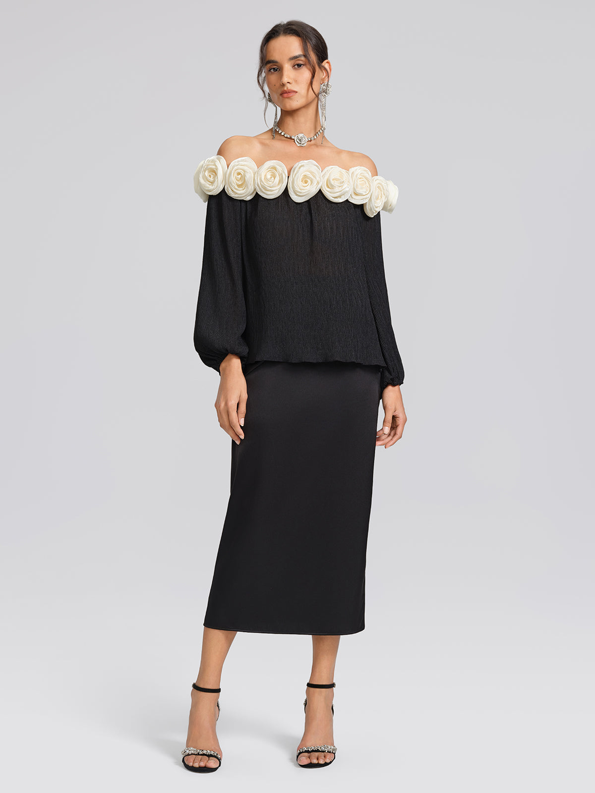 Black Satin 3D Floral Skirt