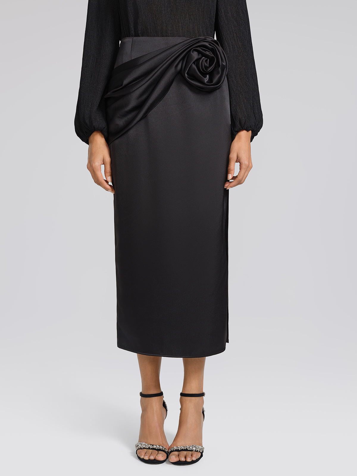 Black Satin 3D Floral Skirt
