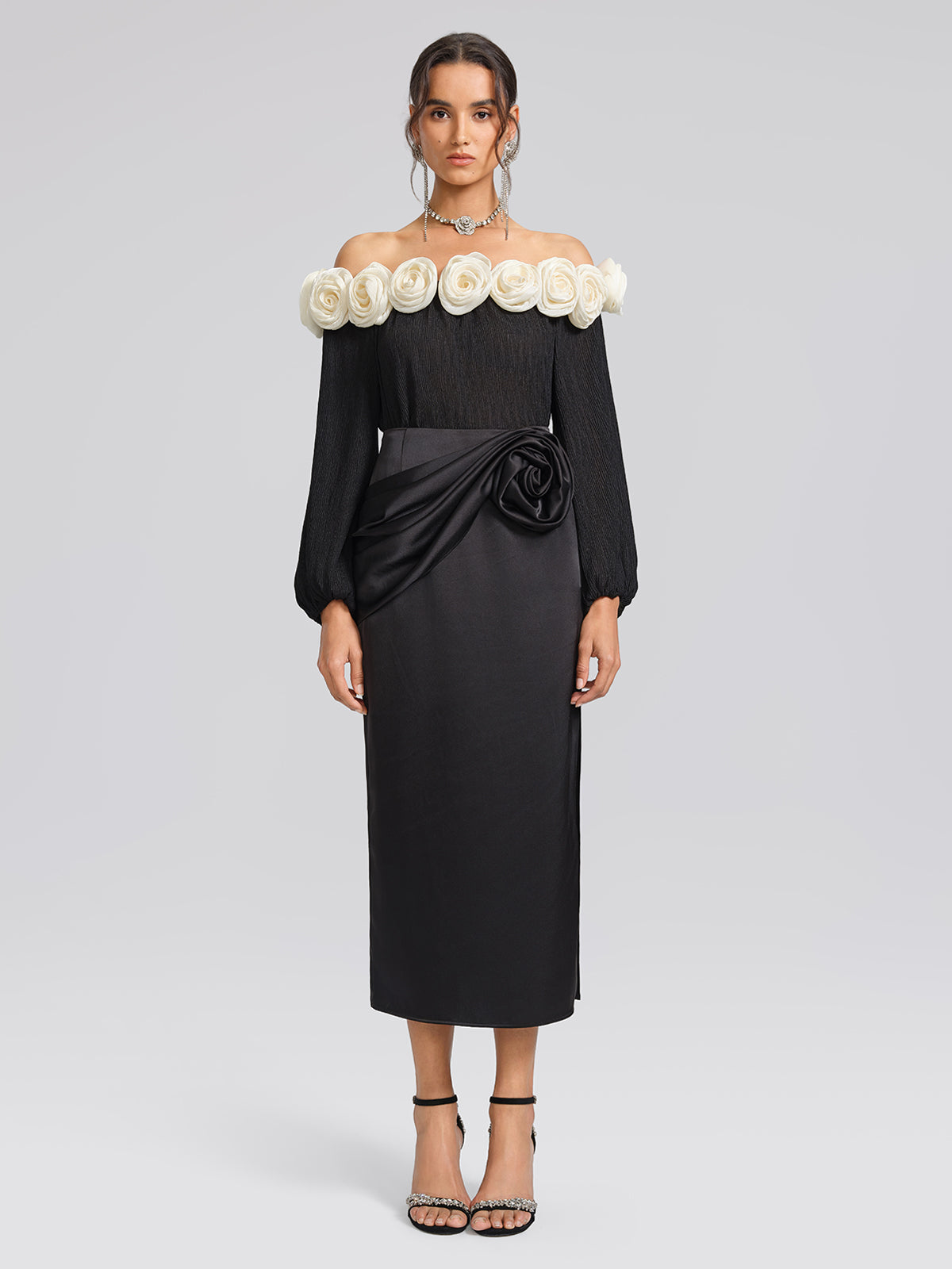 Black Satin 3D Floral Skirt
