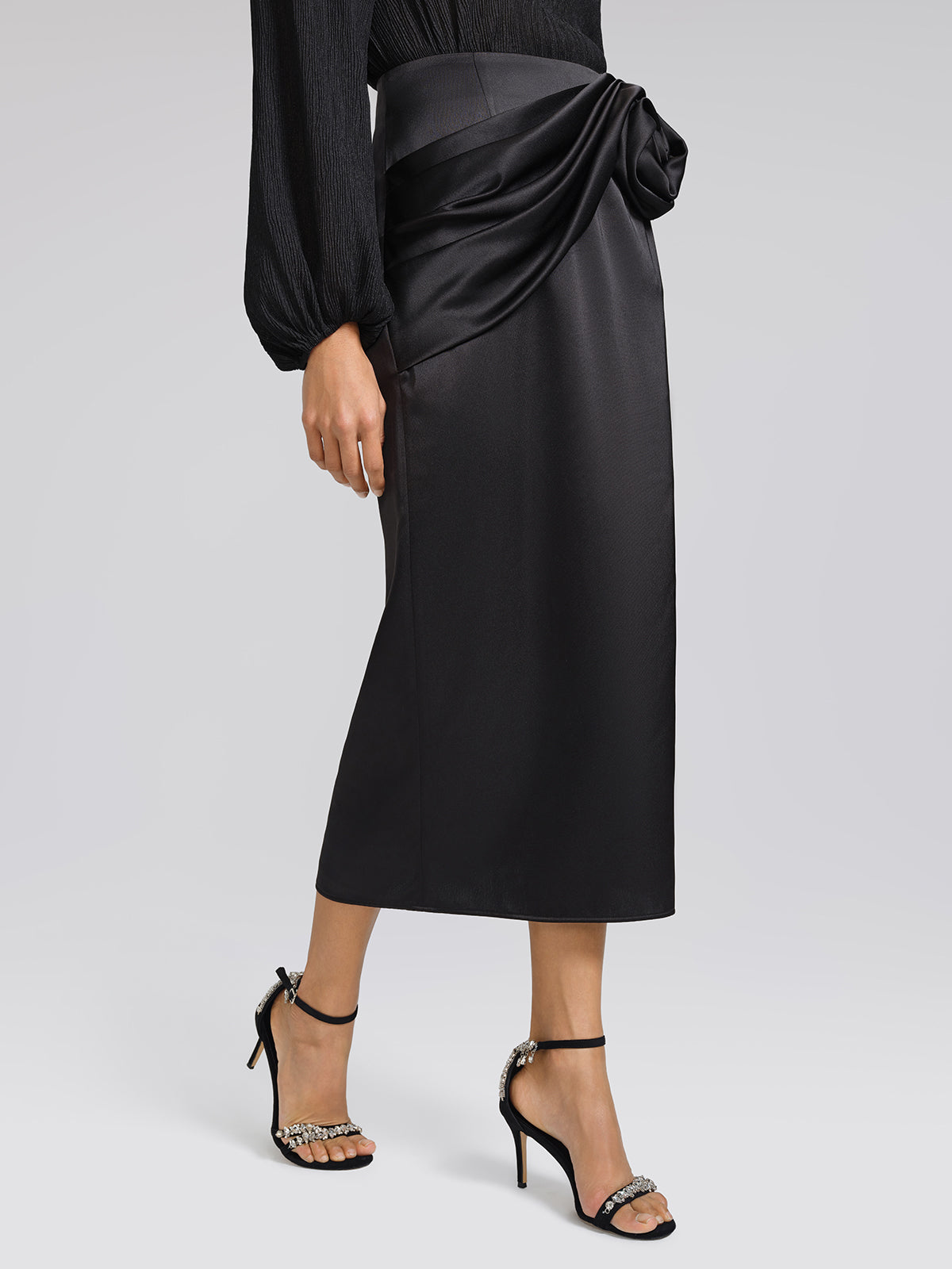 Black Satin 3D Floral Skirt