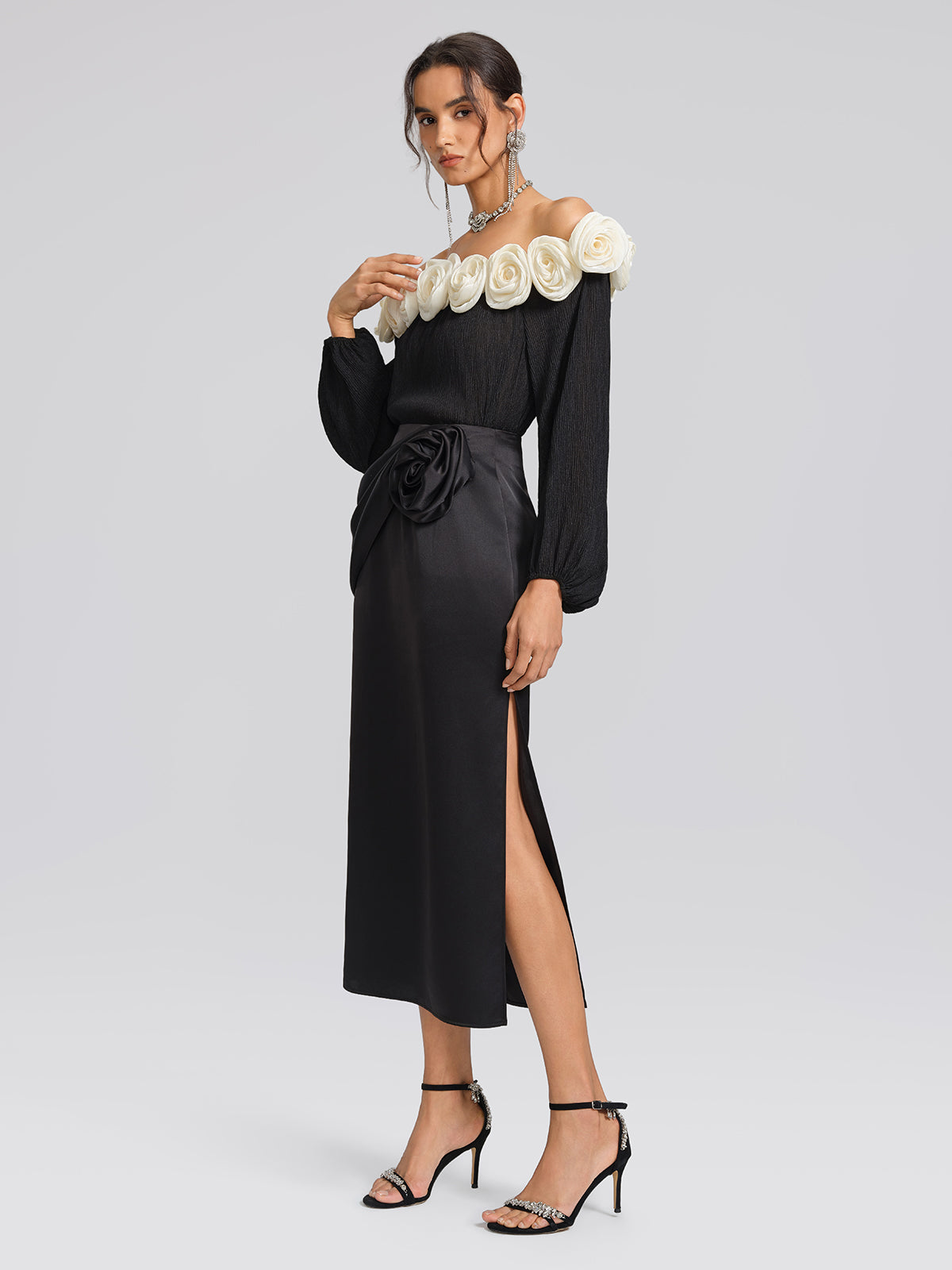 Black Satin 3D Floral Skirt