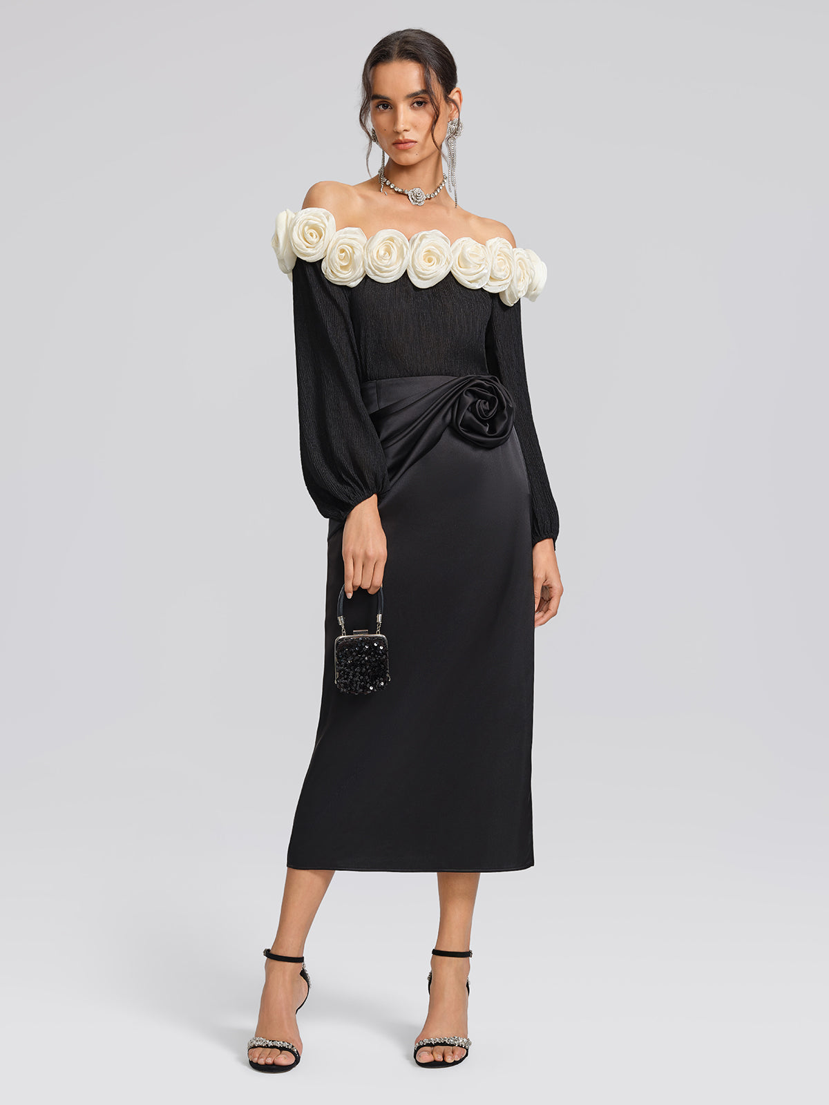 Black Satin 3D Floral Skirt