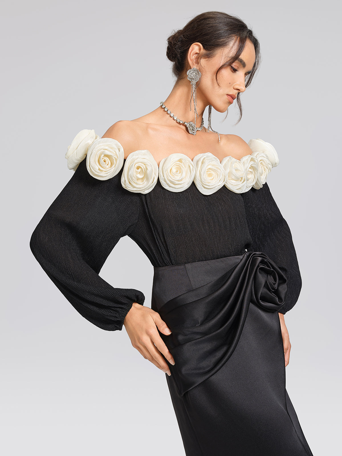 Pleated Off-Shoulder Floral Blouse