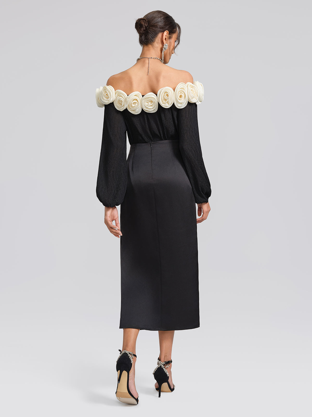 Black Satin 3D Floral Skirt