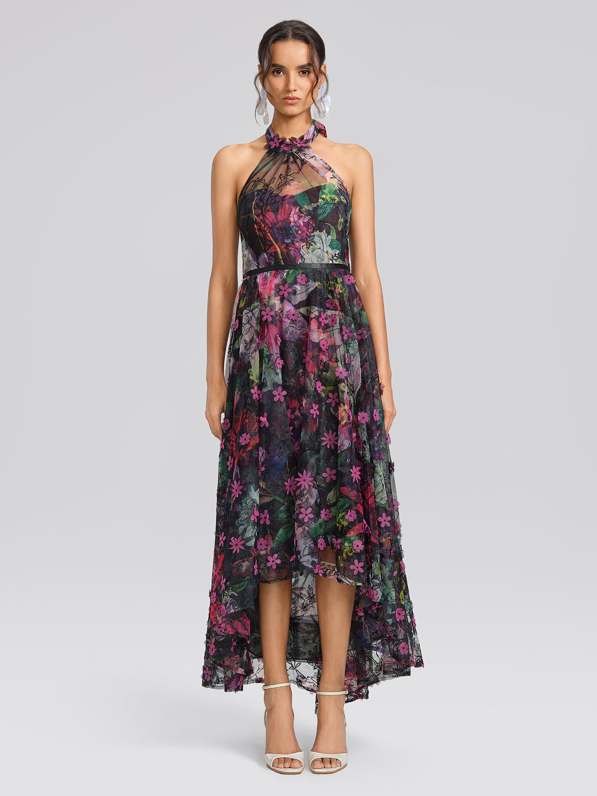 Floral Print Tulle Halter Neck Maxi Dress
