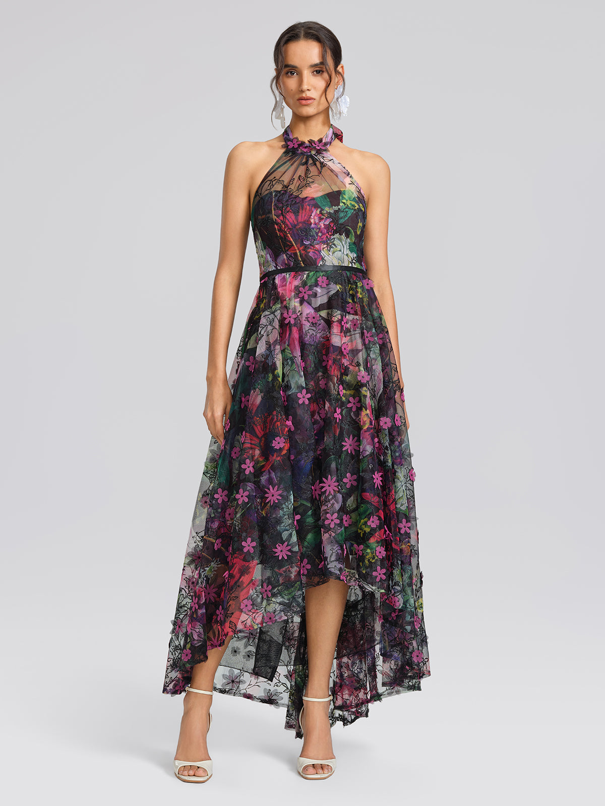 Floral Print Tulle Halter Neck Maxi Dress