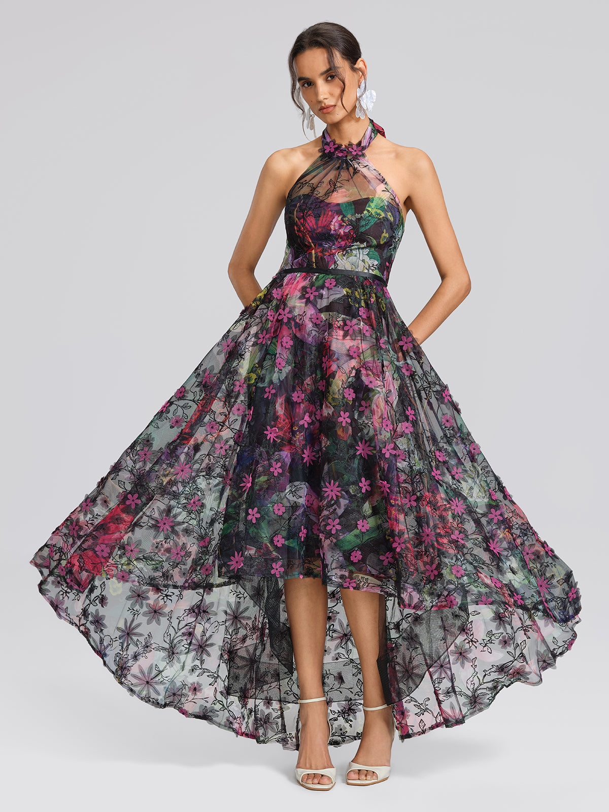 Floral Print Tulle Halter Neck Maxi Dress