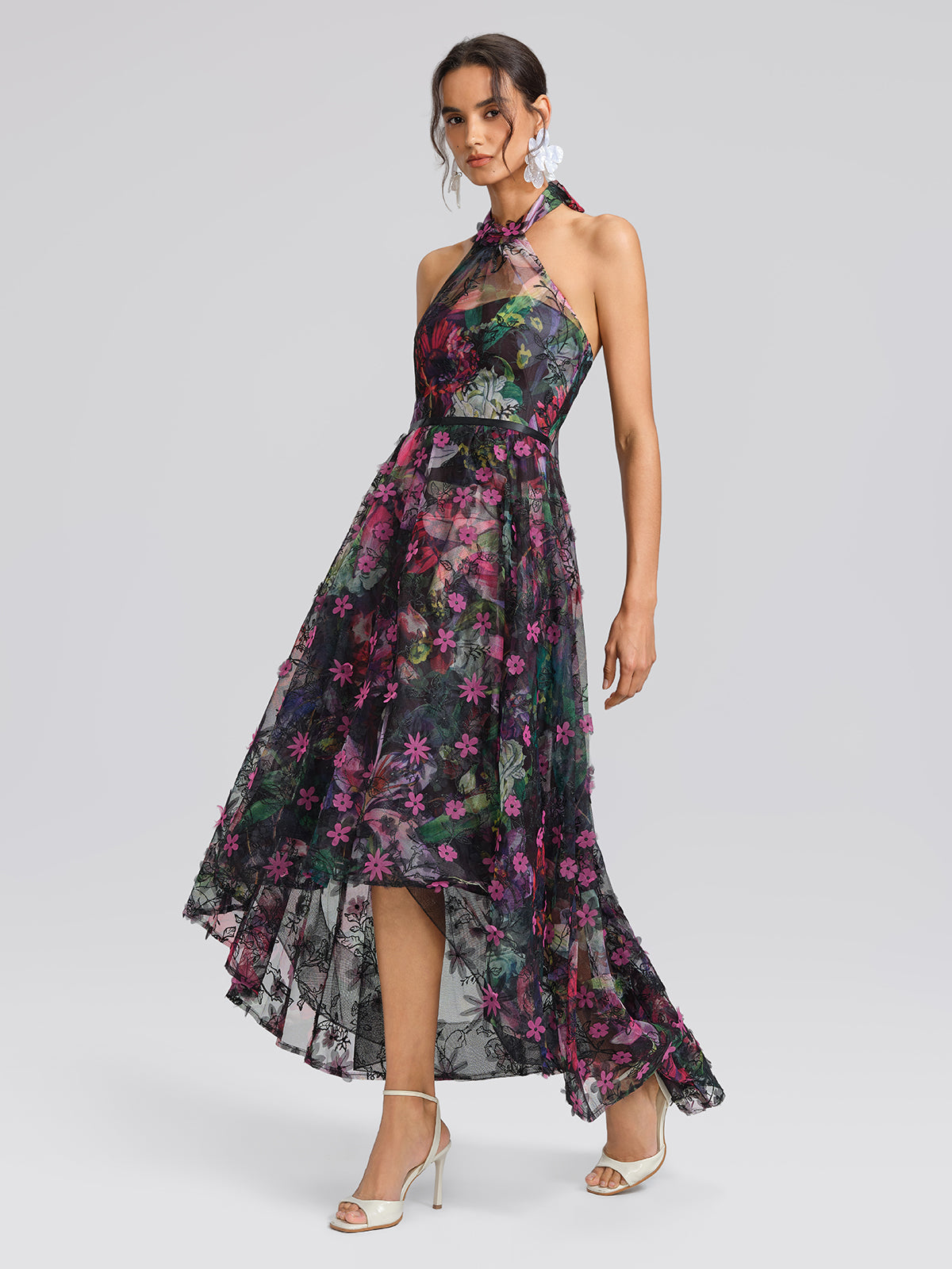 Floral Print Tulle Halter Neck Maxi Dress