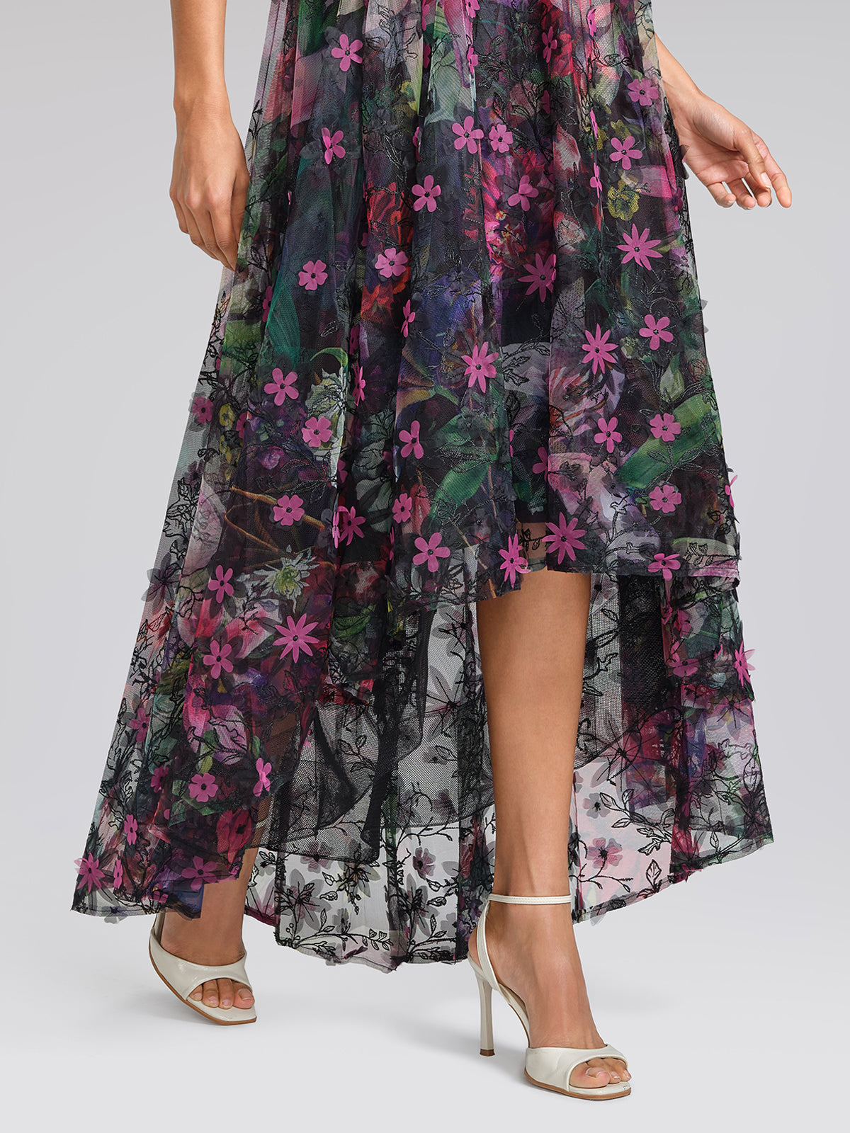 Floral Print Tulle Halter Neck Maxi Dress