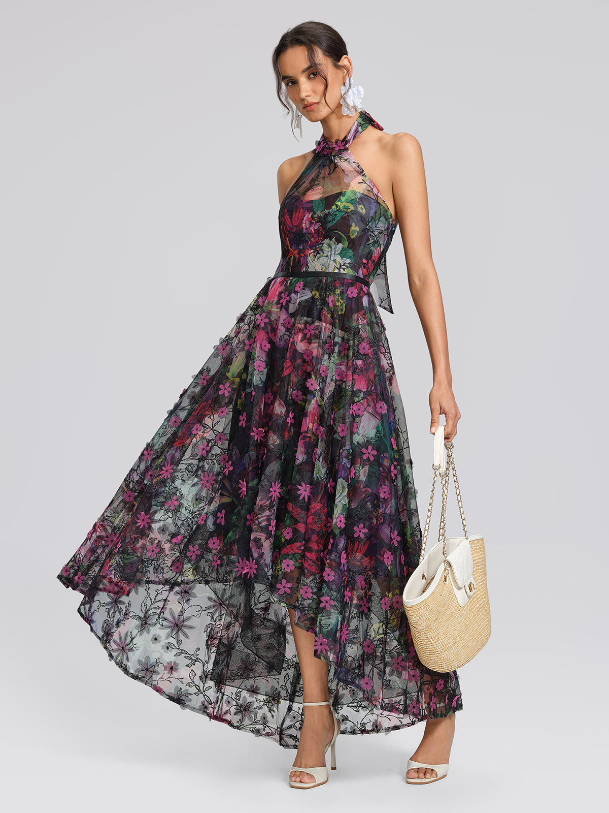 Floral Print Tulle Halter Neck Maxi Dress