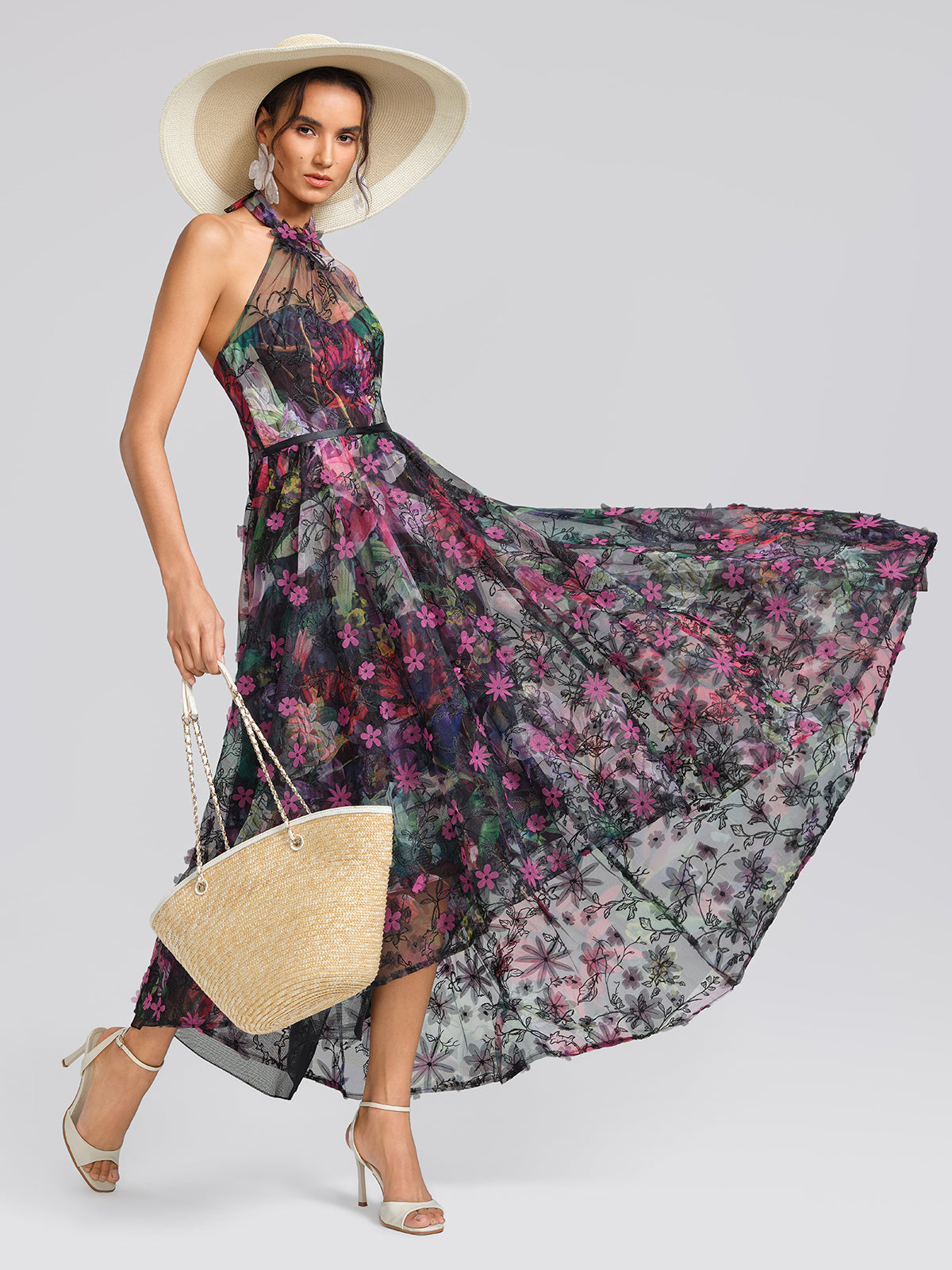 Floral Print Tulle Halter Neck Maxi Dress