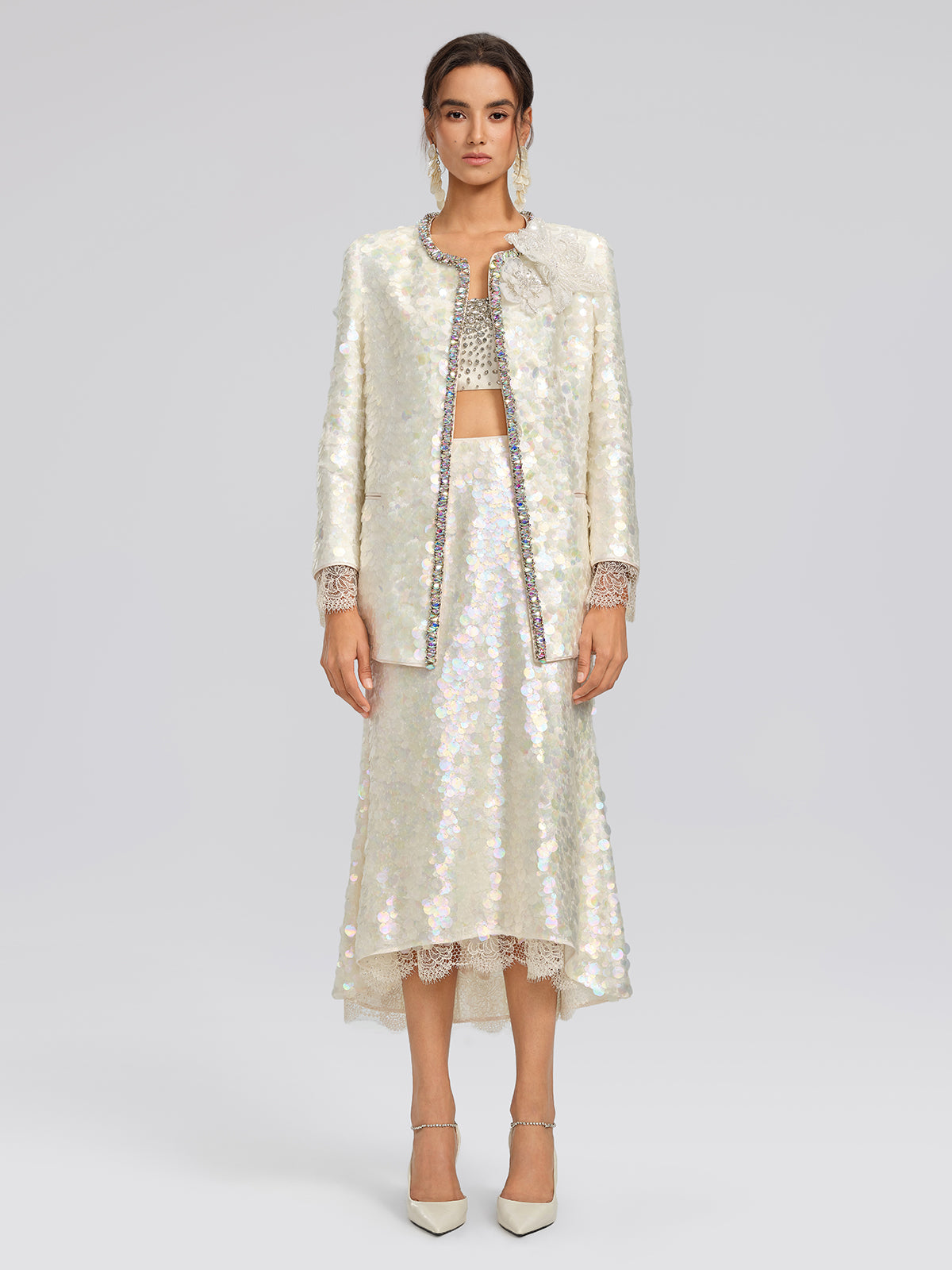 Iridescent Sequin Lace Trim Skirt
