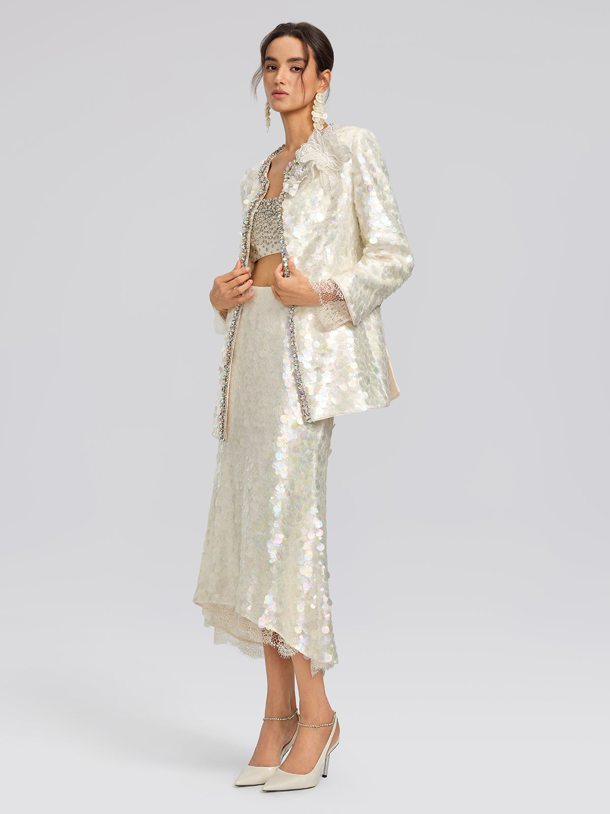 Iridescent Sequin Lace Trim Skirt