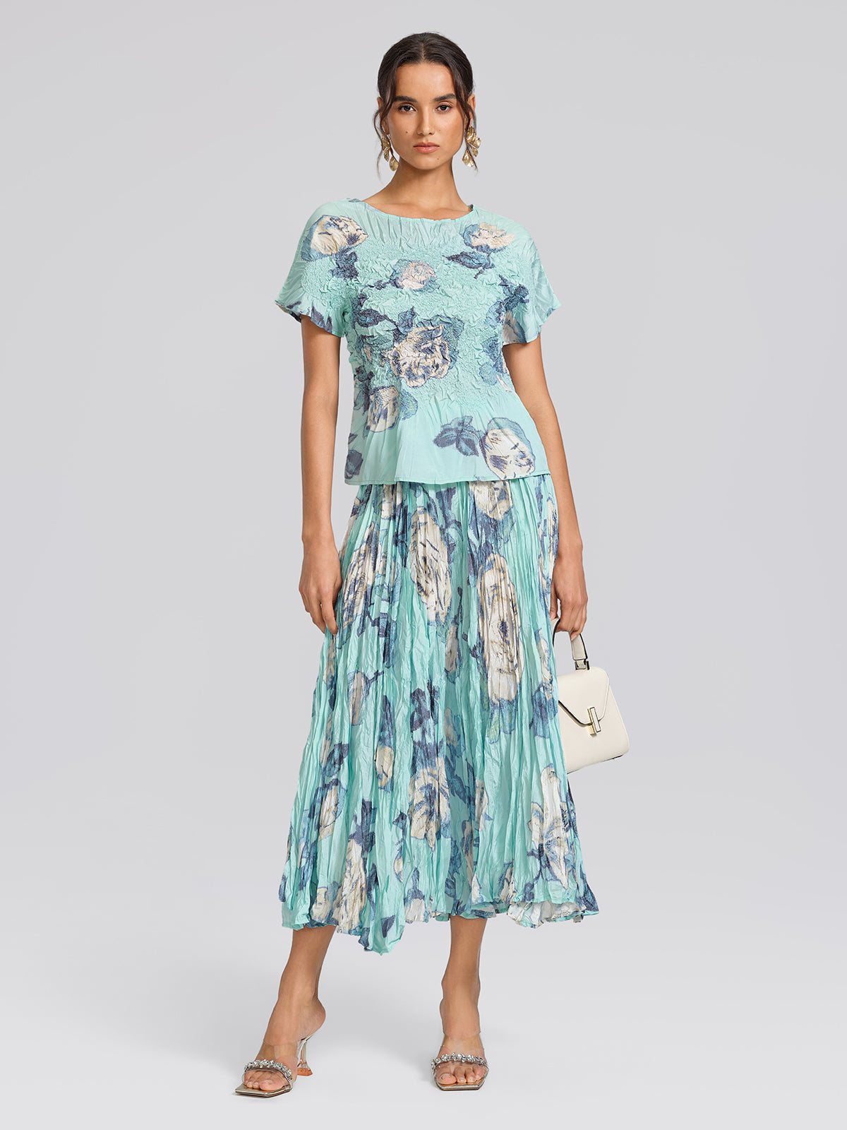 Floral Pleated Short-Sleeve Top & Skirt Set
