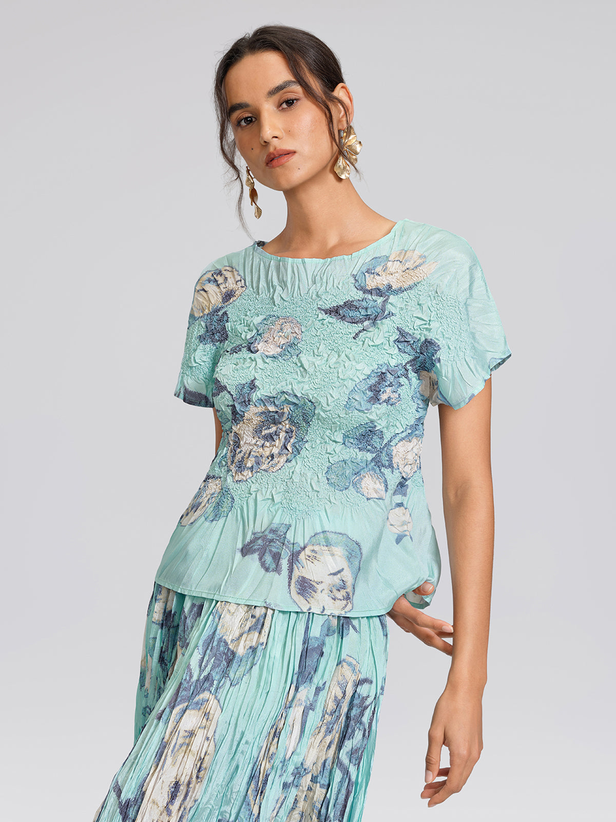 Floral Pleated Short-Sleeve Top & Skirt Set