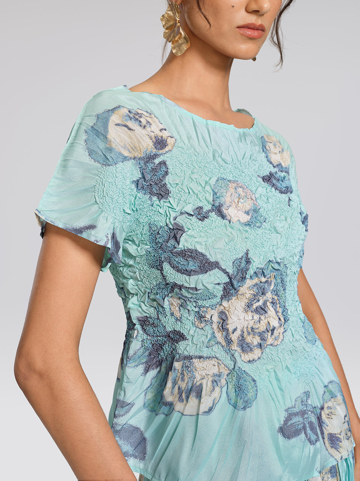 Floral Pleated Short-Sleeve Top & Skirt Set
