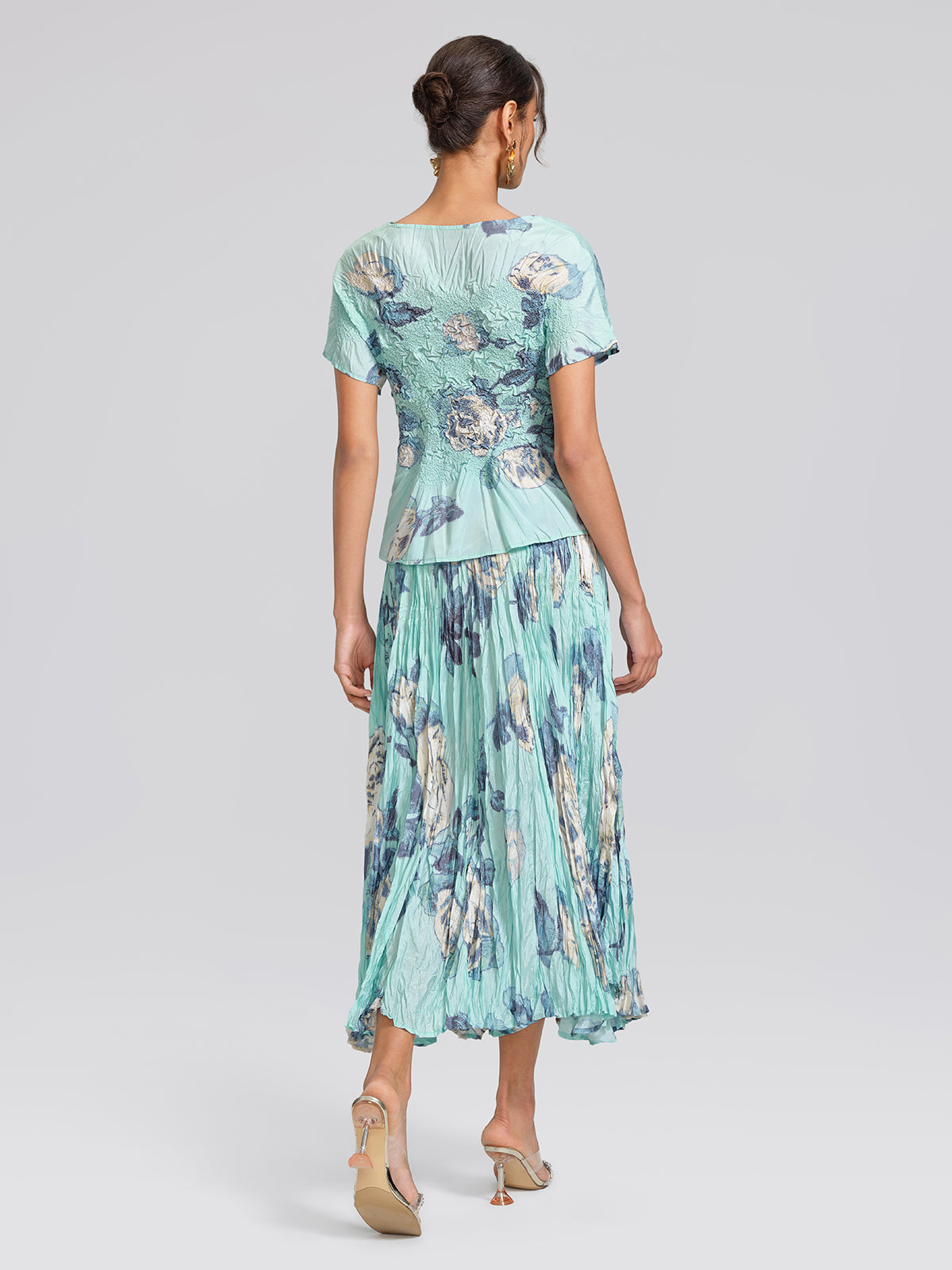Floral Pleated Short-Sleeve Top & Skirt Set