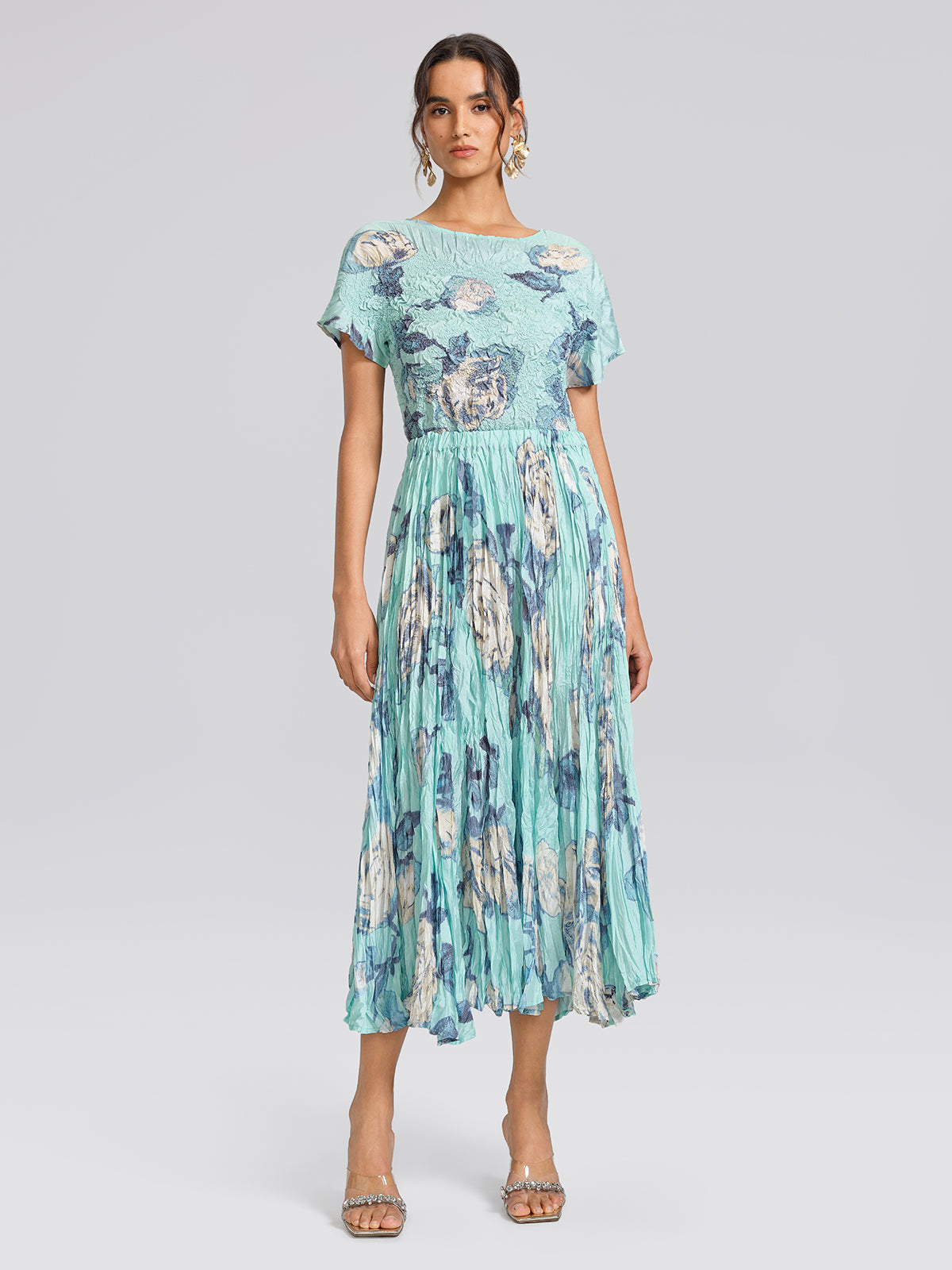 Floral Pleated Short-Sleeve Top & Skirt Set