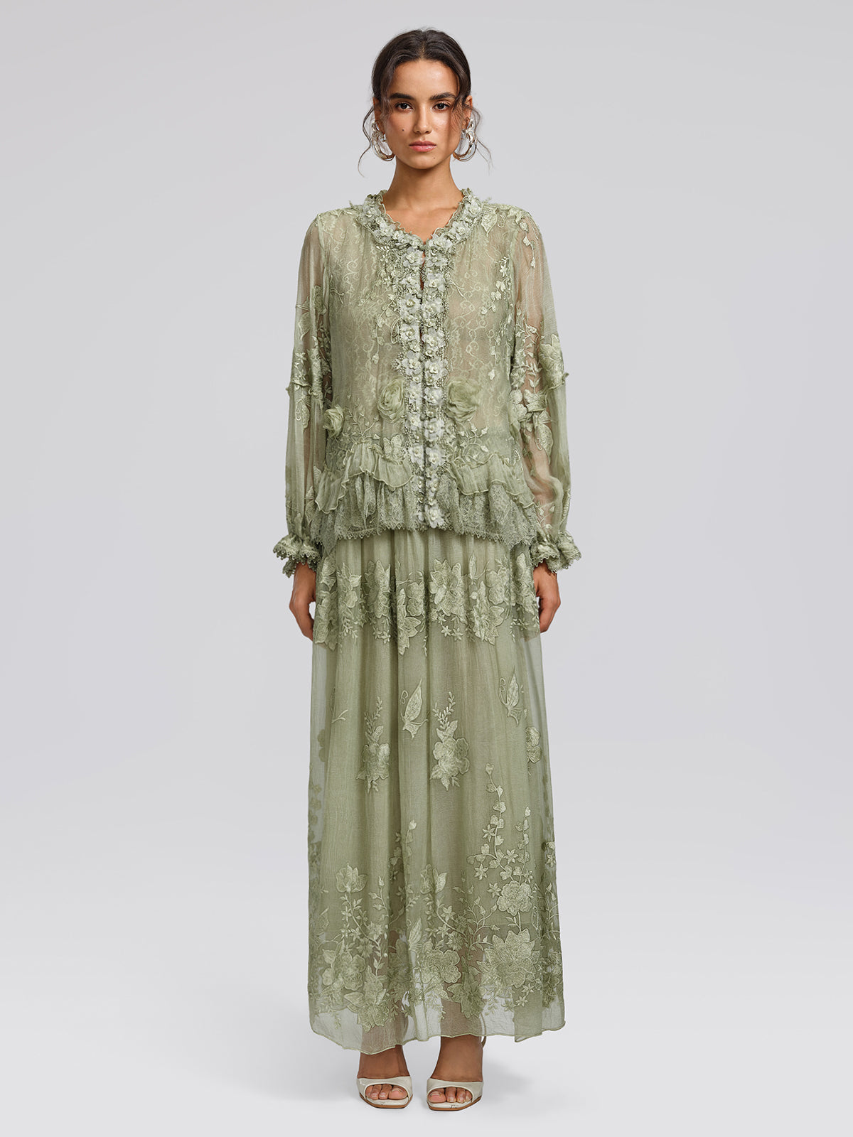 Hand-Dyed Embroidered Elastic-Waist Skirt