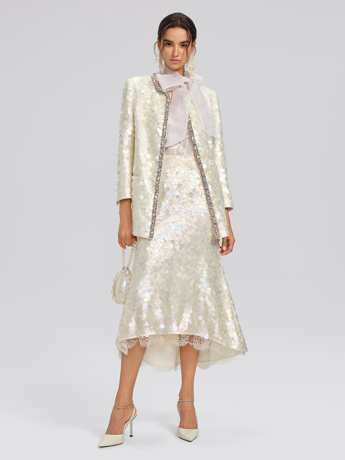 Iridescent Sequin Lace Trim Skirt