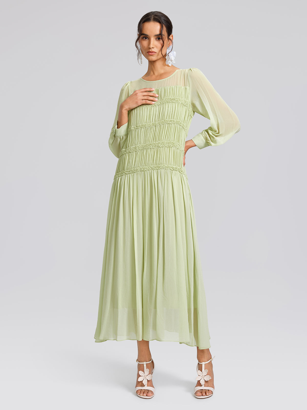 Smocked Pleated Dress (Belt Included)