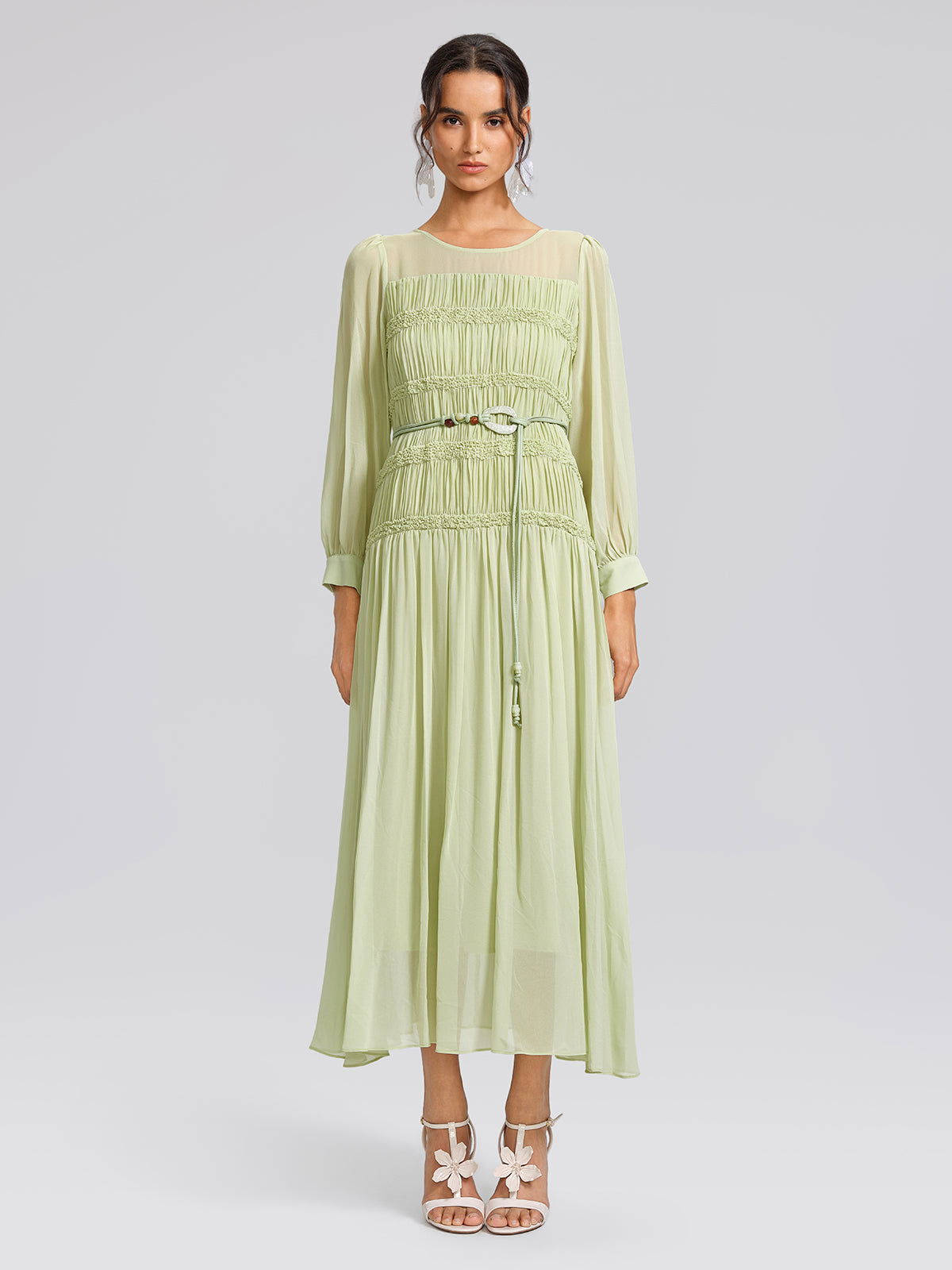Smocked Pleated Dress (Belt Included)