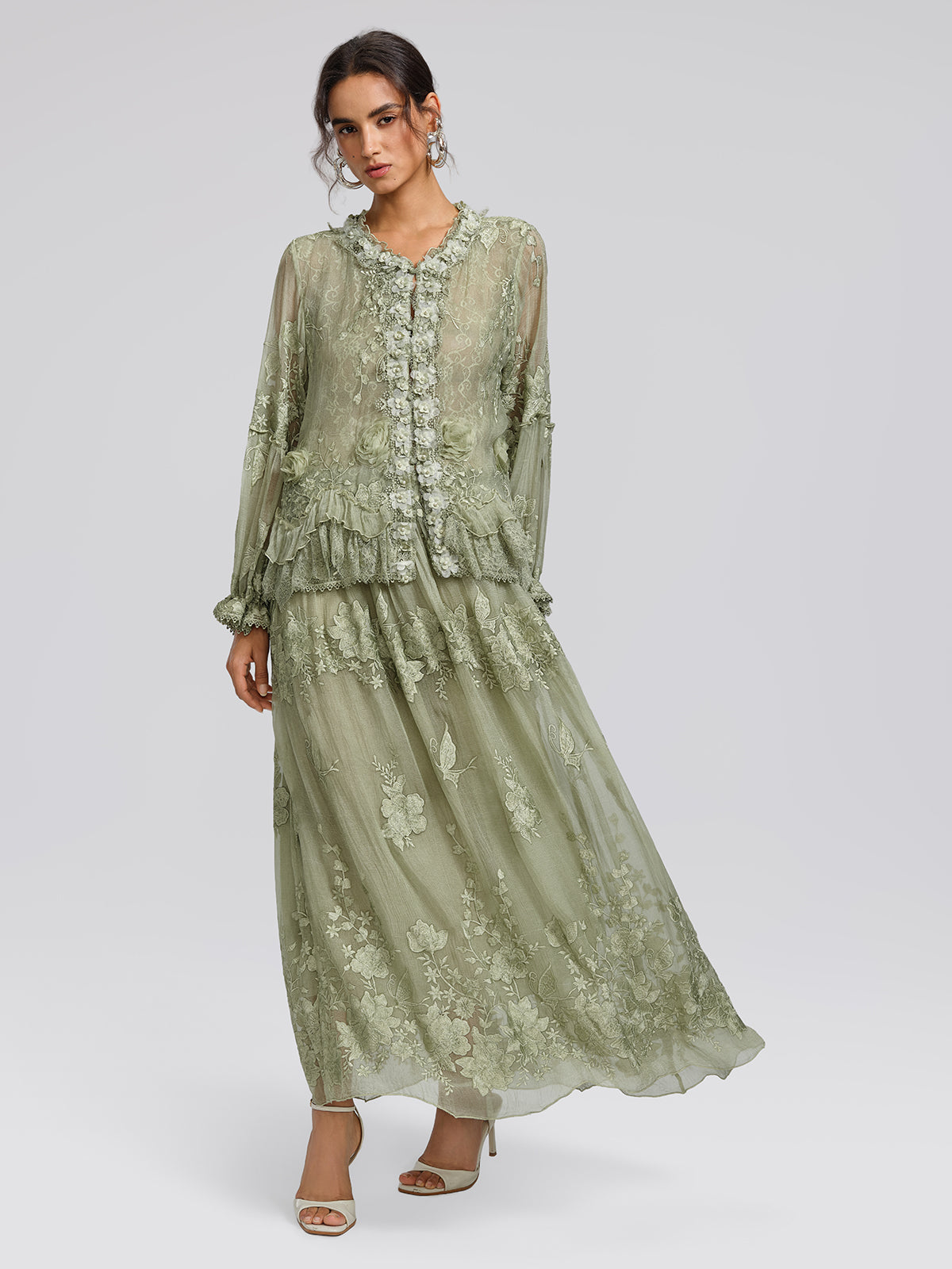 Hand-Dyed Embroidered Elastic-Waist Skirt