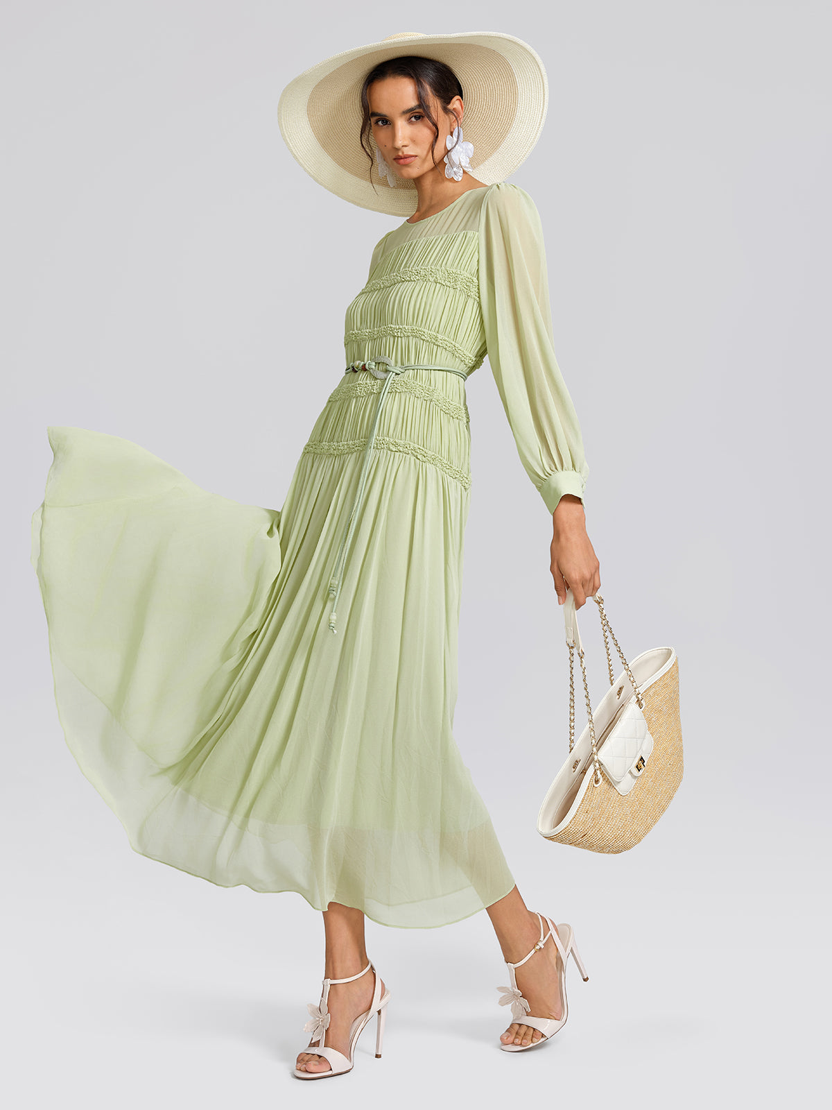 Smocked Pleated Dress (Belt Included)