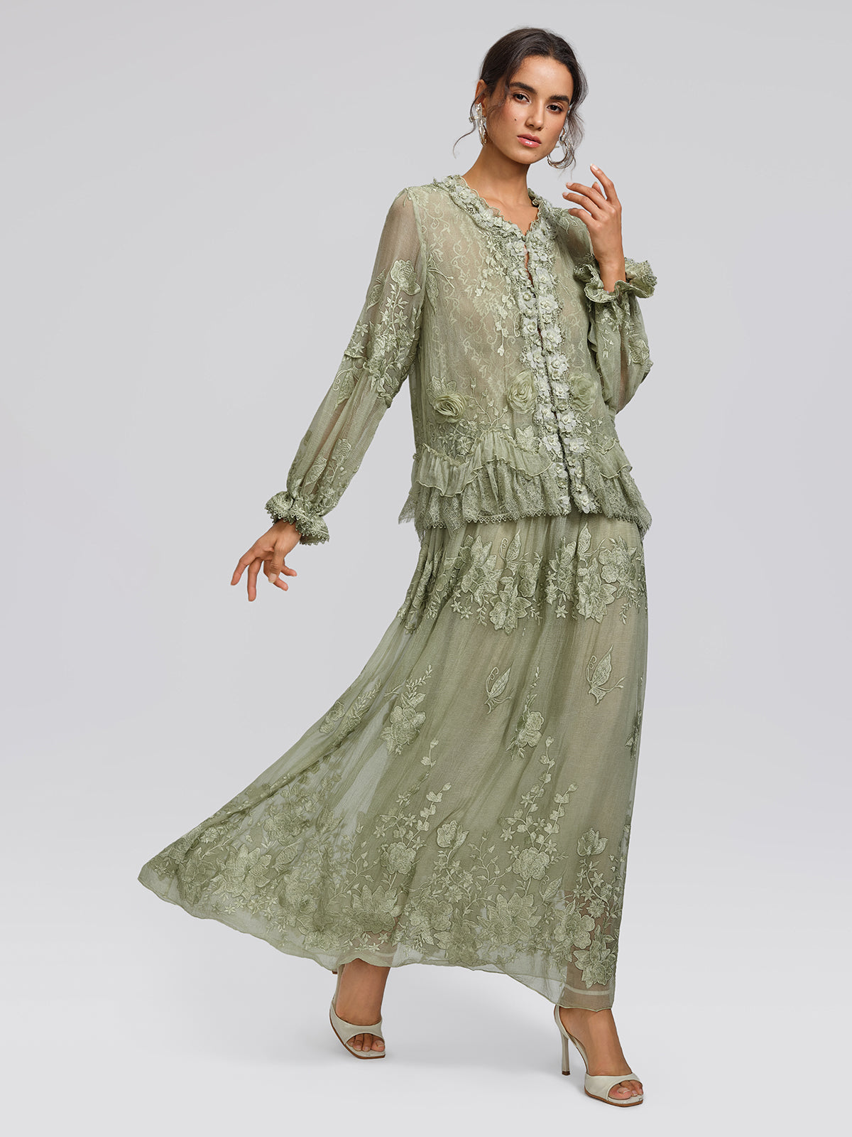 Hand-Dyed Embroidered Elastic-Waist Skirt