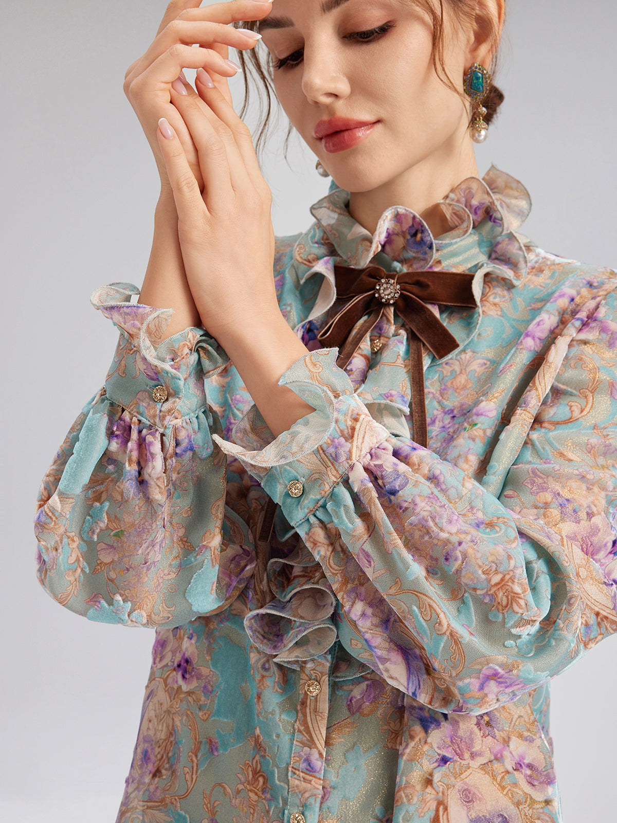 Silk Velvet Devoré Ribbon Bow Ruffle Blouse