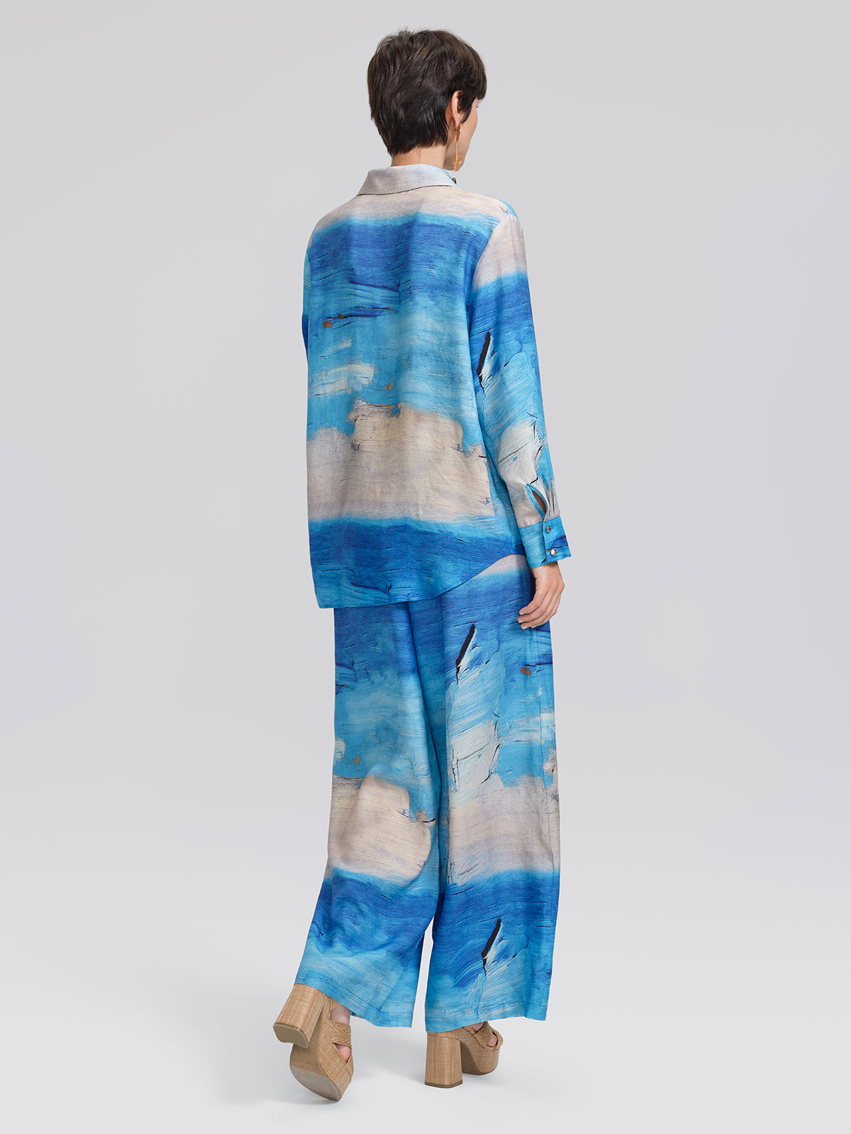 Blue Oil Painting Print Wide-Leg Pants