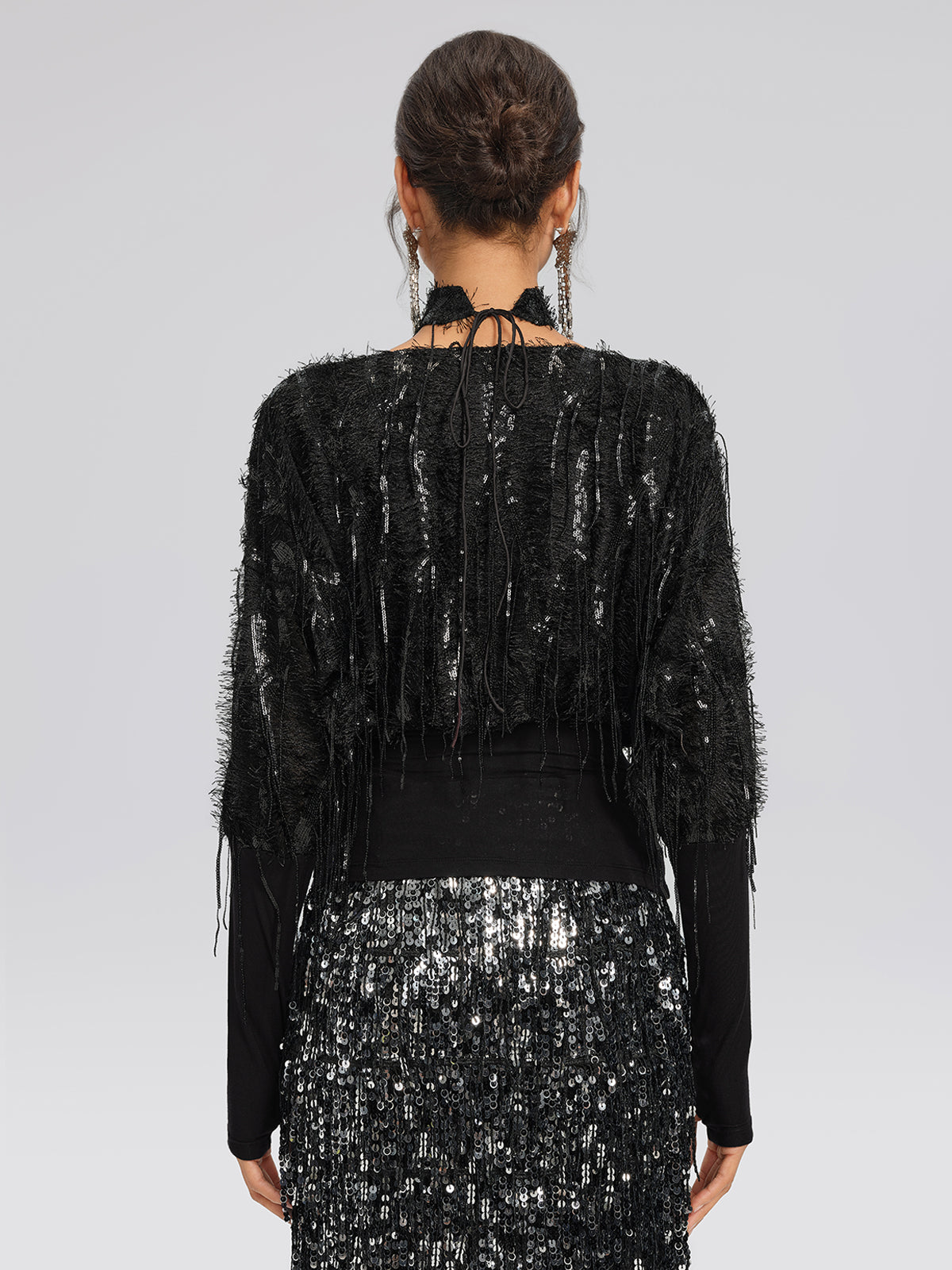Batwing Stretch Sequin Fringe Top