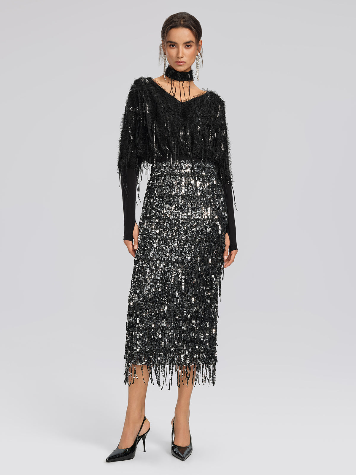 Batwing Stretch Sequin Fringe Top