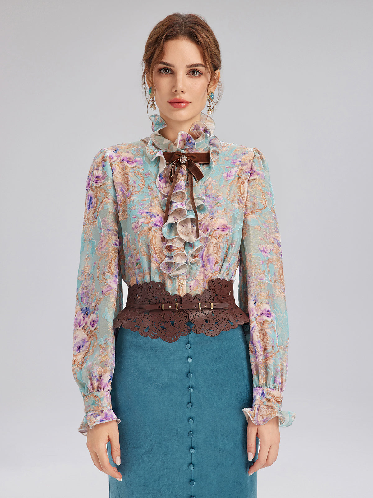 Silk Velvet Devoré Ribbon Bow Ruffle Blouse
