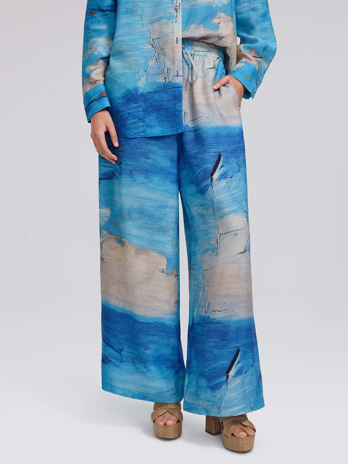 Blue Oil Painting Print Wide-Leg Pants