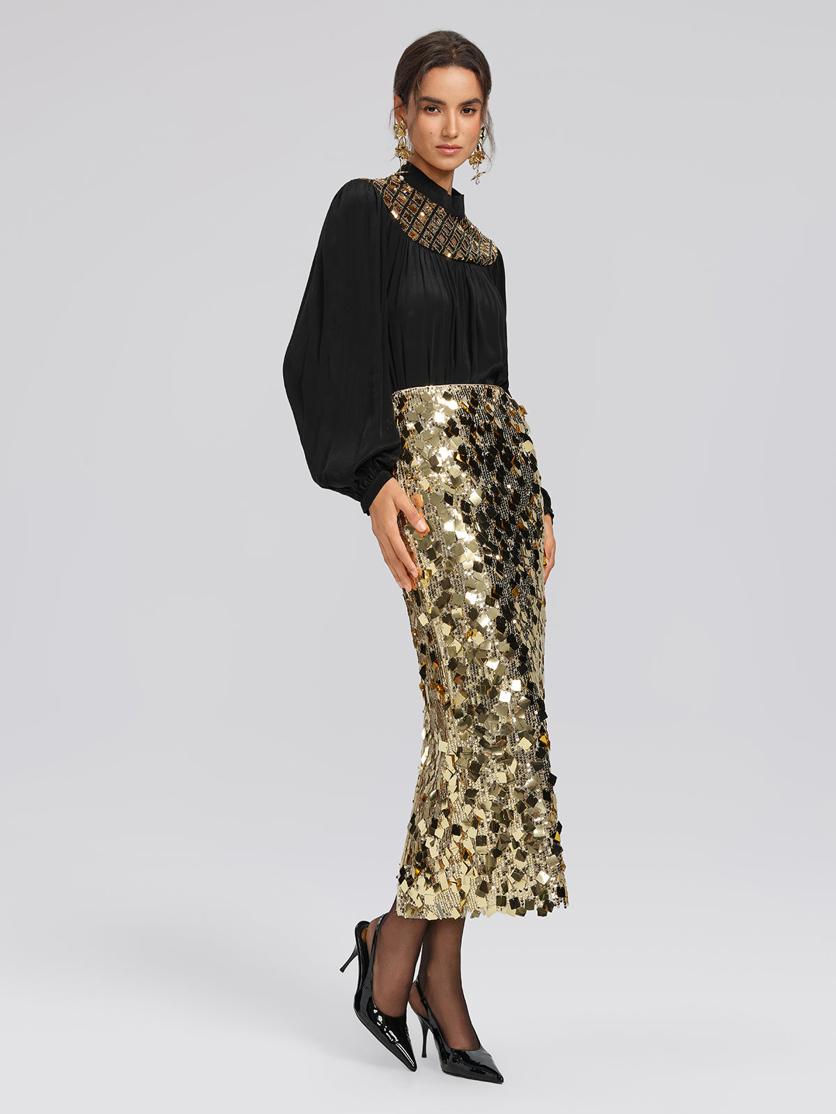 Chiffon Sequin Stand Collar Blouse
