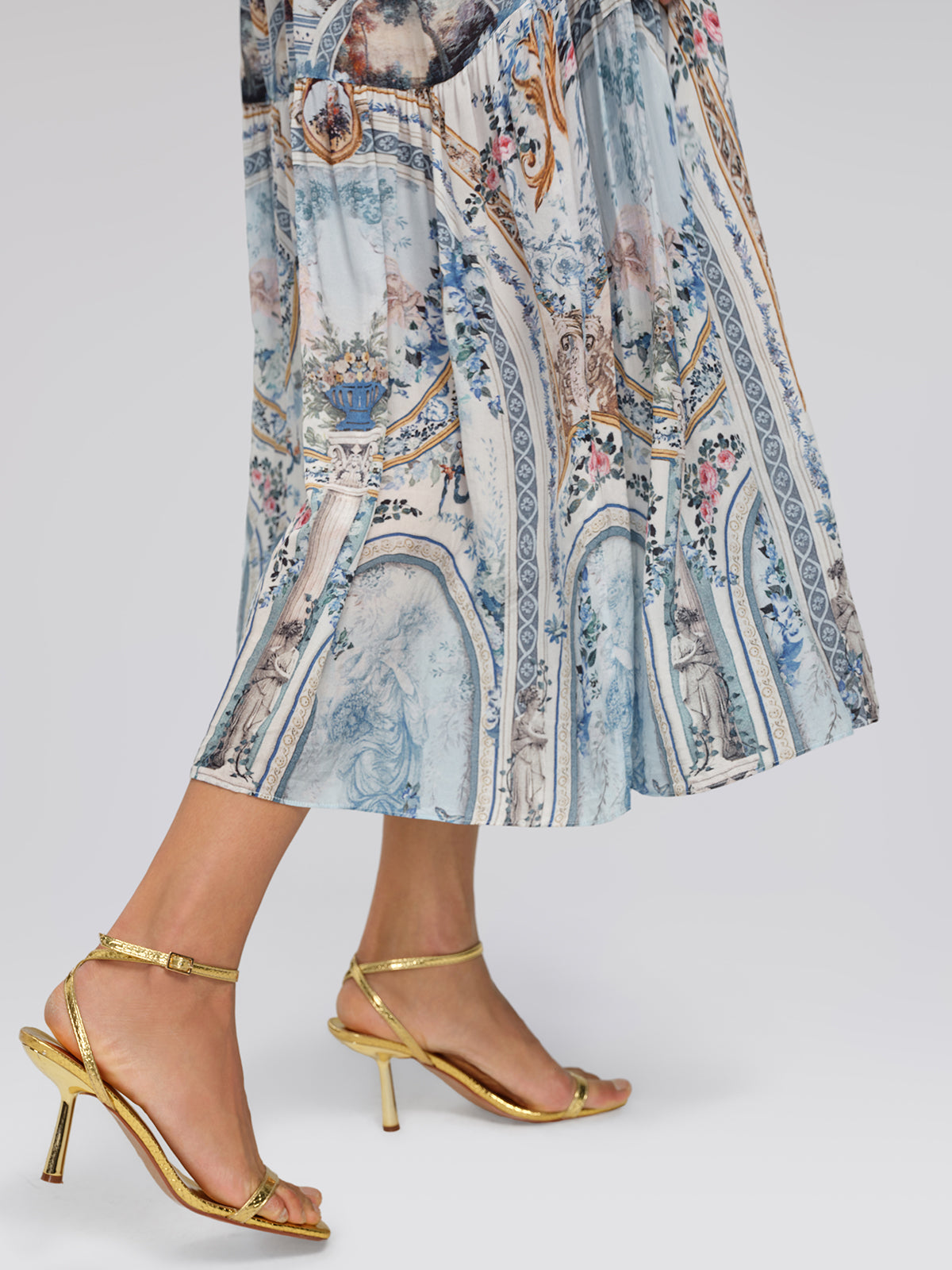 Silk Printed Rhinestones Elastic Waist Dress (Belt Not Included)