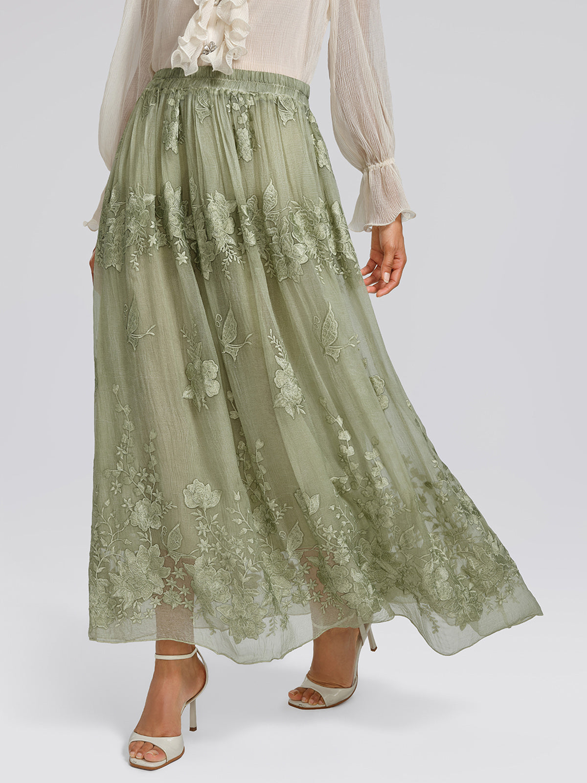 Hand-Dyed Embroidered Elastic-Waist Skirt