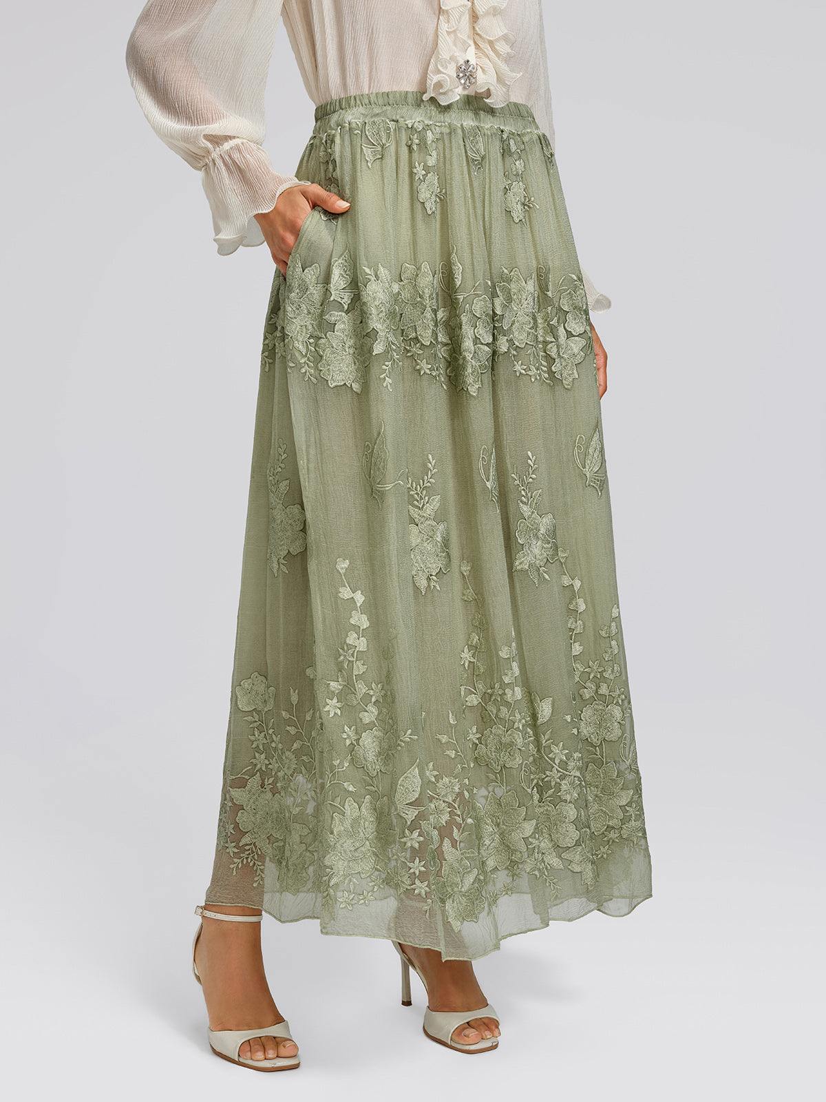 Hand-Dyed Embroidered Elastic-Waist Skirt