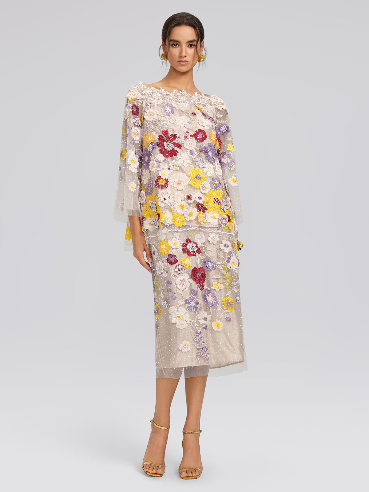 Beaded Floral Embroidered Sheer Mesh Skirt